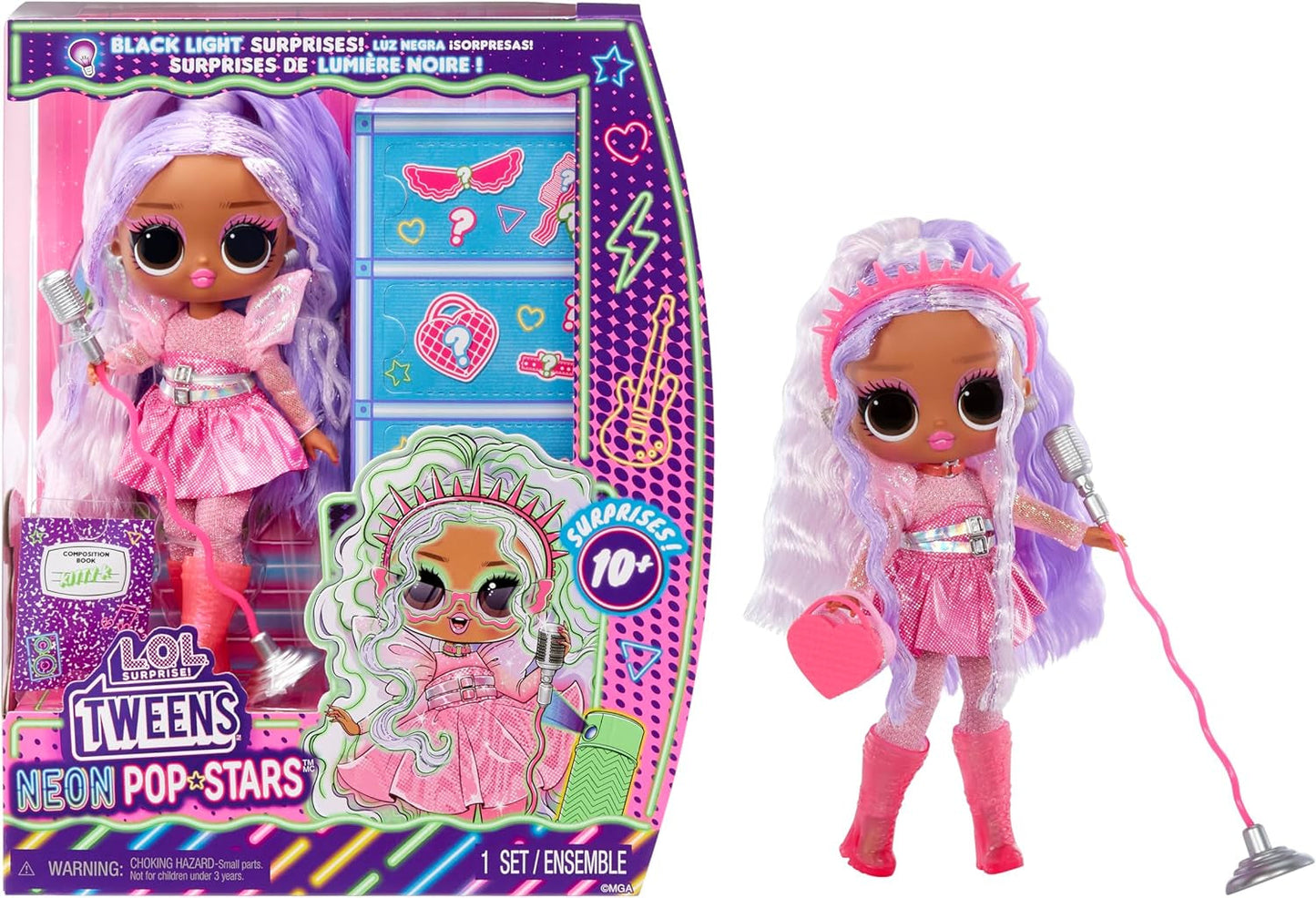 LOL. Überraschung! Tweens Neon Pop Stars – Kitty K – 1 Modepuppe mit hintergrundbeleuchteten Überraschungen und über 10 Popstar-Outfits und Accessoires, einschließlich Retro-Mikrobändern, Geschenk für Kinder ab 4 Jahren. Naty Shop Kitty K Dolls