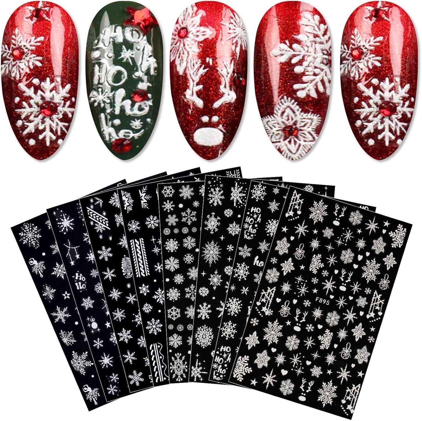 JMEOWIO Nagelsticker Weihnachten Weiß Glitter 8 Blatt Nail Art Sticker Selbstklebend Nagelaufkleber Schneeflocke Winter Urlaub Dekoration Nageldesign Zubehör