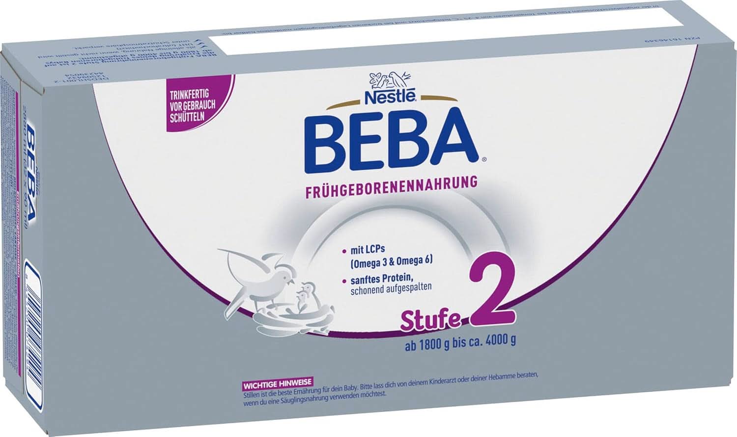 Nahrung für Frühgeborene BEBA Level 2, Spezialnahrung für Frühgeborene und Neugeborene mit geringem Gewicht, trinkfertig, 32er Packung (32 x 90 ml) Naty Shop
