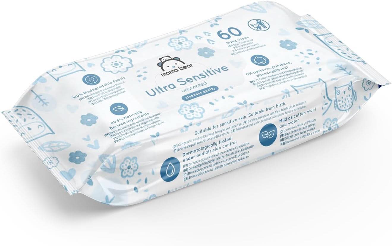 Mama Bear Ultra Sensitive Babyfeuchttücher, parfümfrei, 1008 Stück (18 Packungen à 60 Stück), Naty Shop