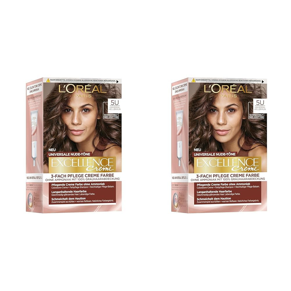 L'Oréal Paris Permanente Haarfarbe für jeden Hautton, Färben ohne Ammoniak, universelle Nude-Töne mit vollständiger Abdeckung grauer Haare, Excellence Creme, Nr. 5U Light Chestnut (Braun), 1 Stück Naty Shop Haarfärbemittel 5U 192 G (2er-Pack)
