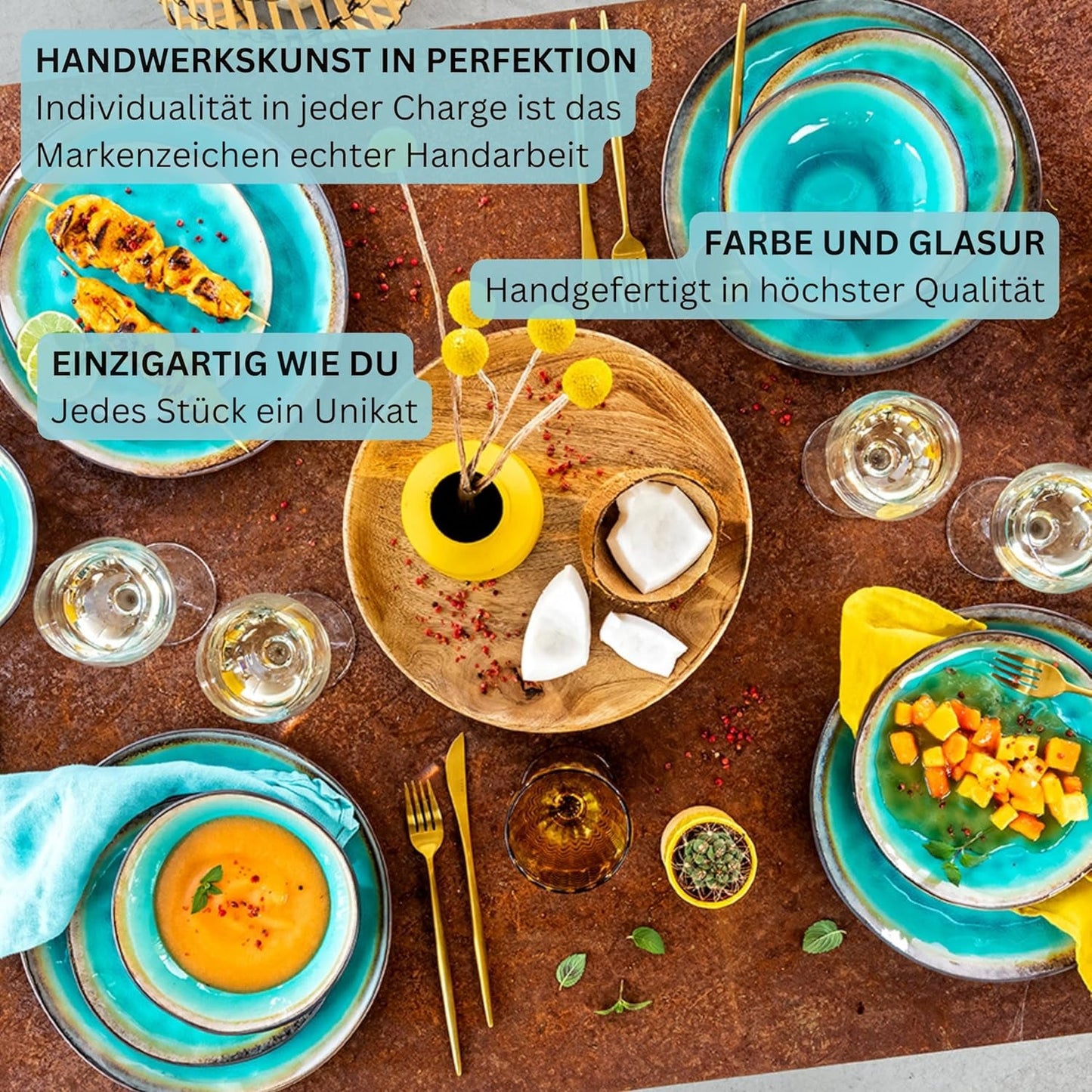 SANGER | Capri-Geschirr, 12-teiliges Geschirr-Set, Steinzeug-Geschirr für 4 Personen, einschließlich Speiseteller, Dessertteller und Suma-Teller, handgefertigtes türkisfarbenes Tafelservice mit grauem Rand | DIE PREMIUM-KOLLEKTION
