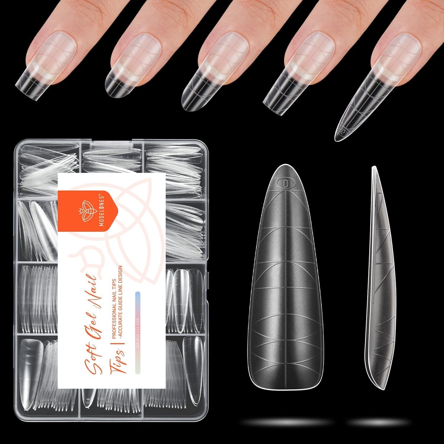 Modelones Nagelspitzen 216-teilig – Nagelspitzen-Set mit vollständiger Abdeckung, weiches Gel-Spitzen-Set, vorpolierende PMMA-Harz-Nagelspitzen, DIY-Kleber auf künstlichen Nägeln für Nagelkunst, kurze Mandeln XS