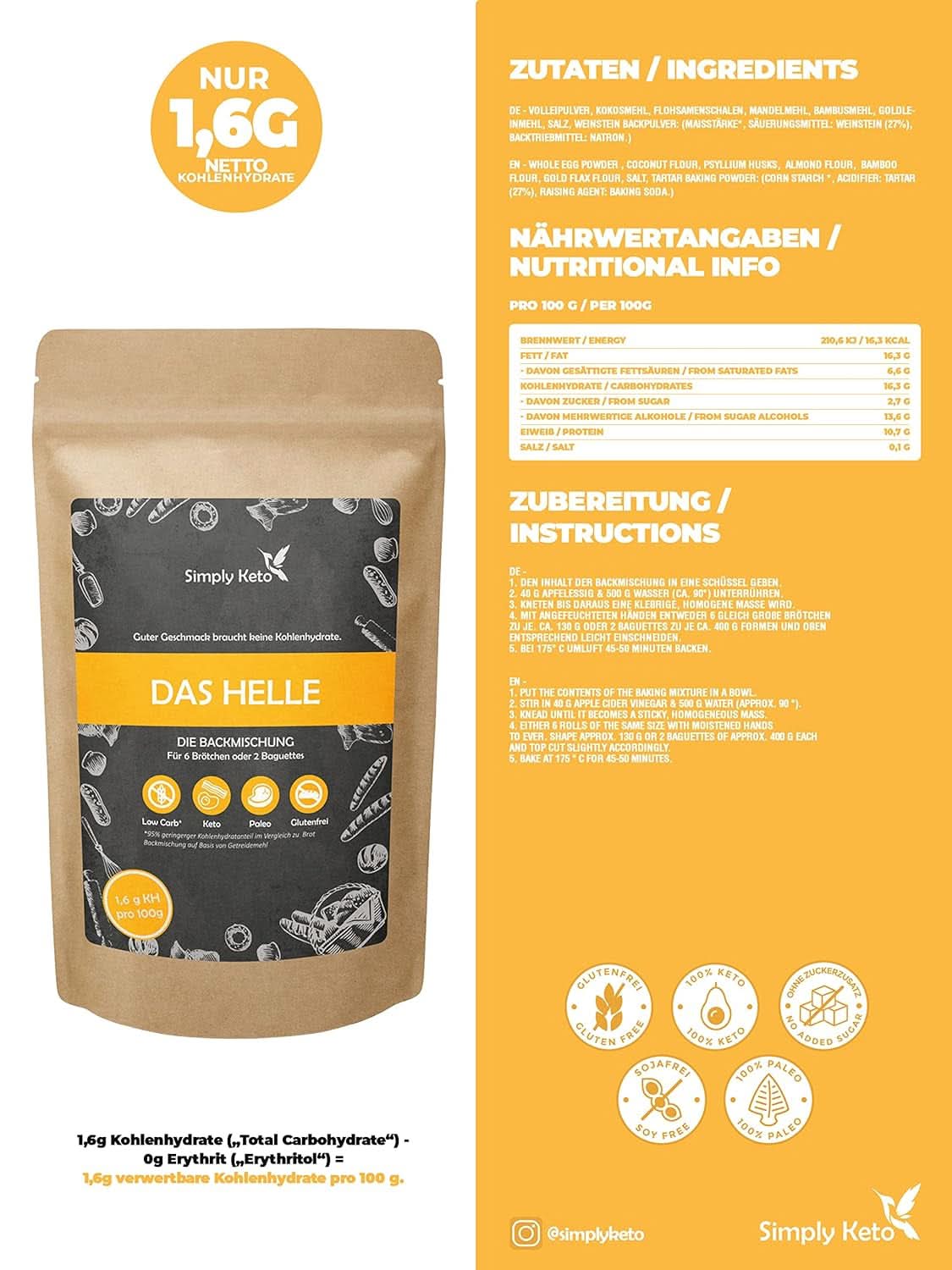 Simply Keto The Light Lower Carb* Brot, Mischung für glutenfreies Brot, 260 Gramm Kitchen Naty Shop