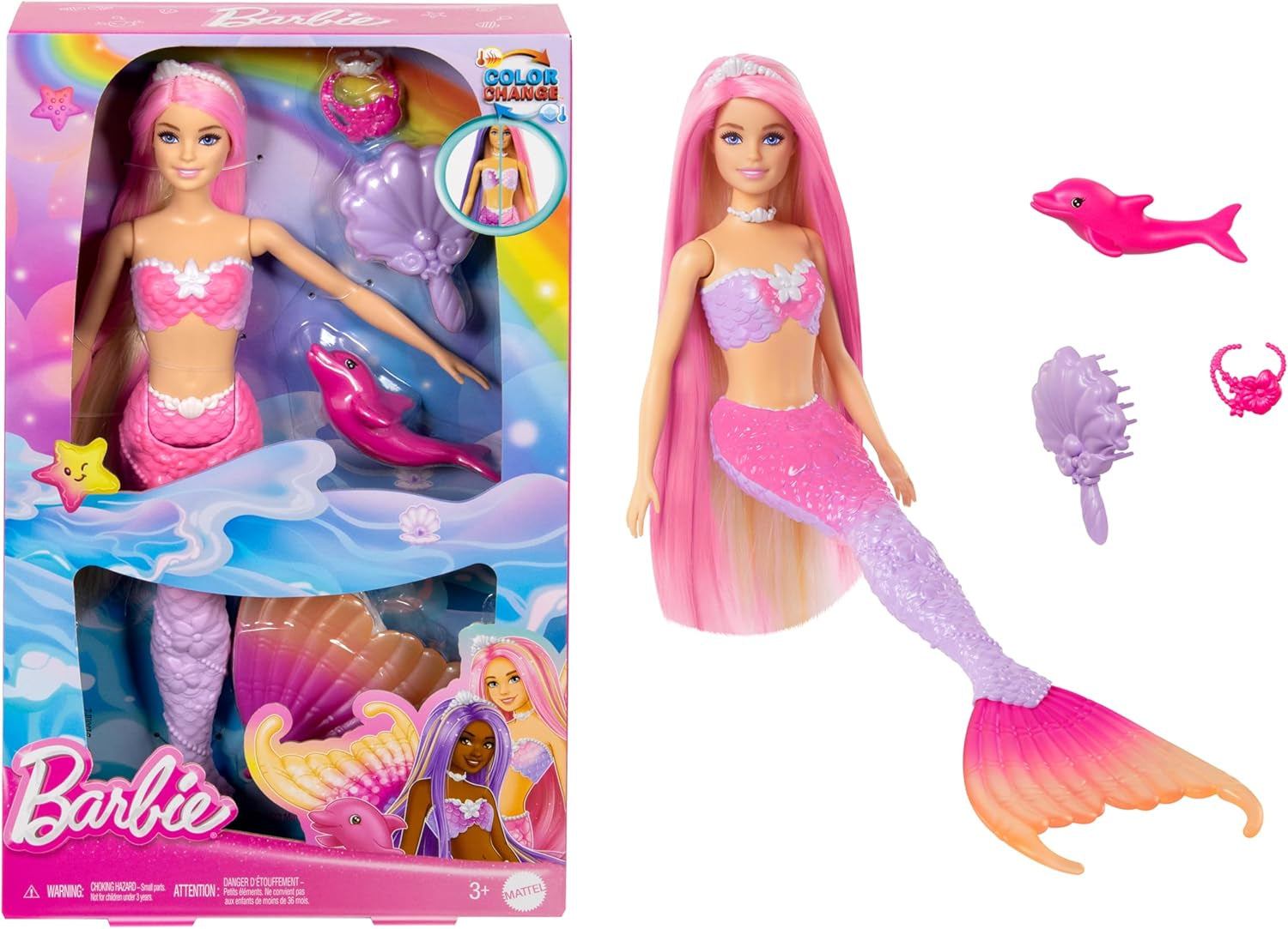 BARBIE Meerjungfrau-Puppe – inspiriert von der TV-Serie „Barbie: Hidden Magic“ mit Farbwechseleffekt und Zubehör, 19 cm lange rosa Haare zum Stylen, für Kinder ab 3 Jahren, HRP97