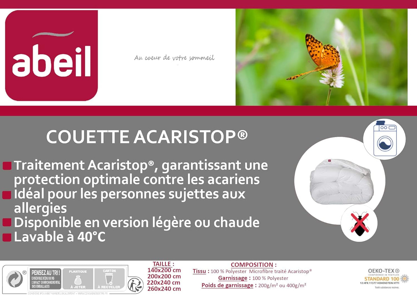 Abeil Acaristop Bettbezug mit Anti-Milben- und antibakterieller Wirkung, Polyester, weiß, 220 x 240 cm Bettdecken und Steppdecken Naty Shop