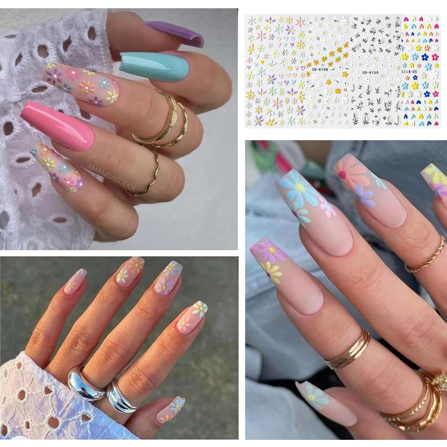 Nagelsticker-Set für einzigartiges Nageldesign, 4 Blatt Frühlingsthemen Nail Art Zubehör, perfekt für 3D-Gel-Nägel und UV-Gel-Streifen