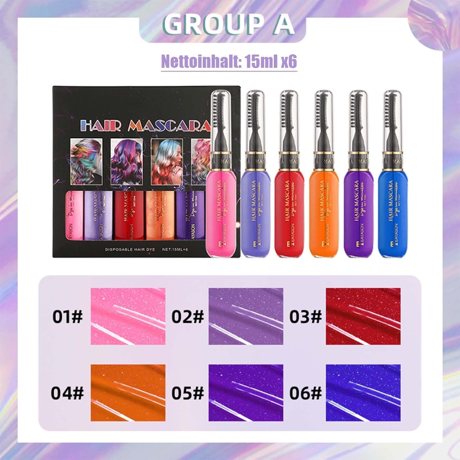 Sofortige Haarfarbe, 6 Farben, temporäre Haar-Mascara für Mädchen und Frauen, waschbare Haarkreide, Regenbogen-Haar-Mascara, Haarfarbe für Karneval, Halloween, Cosplay, Party, Geburtstag (A), Naty Shop Haarfarbe