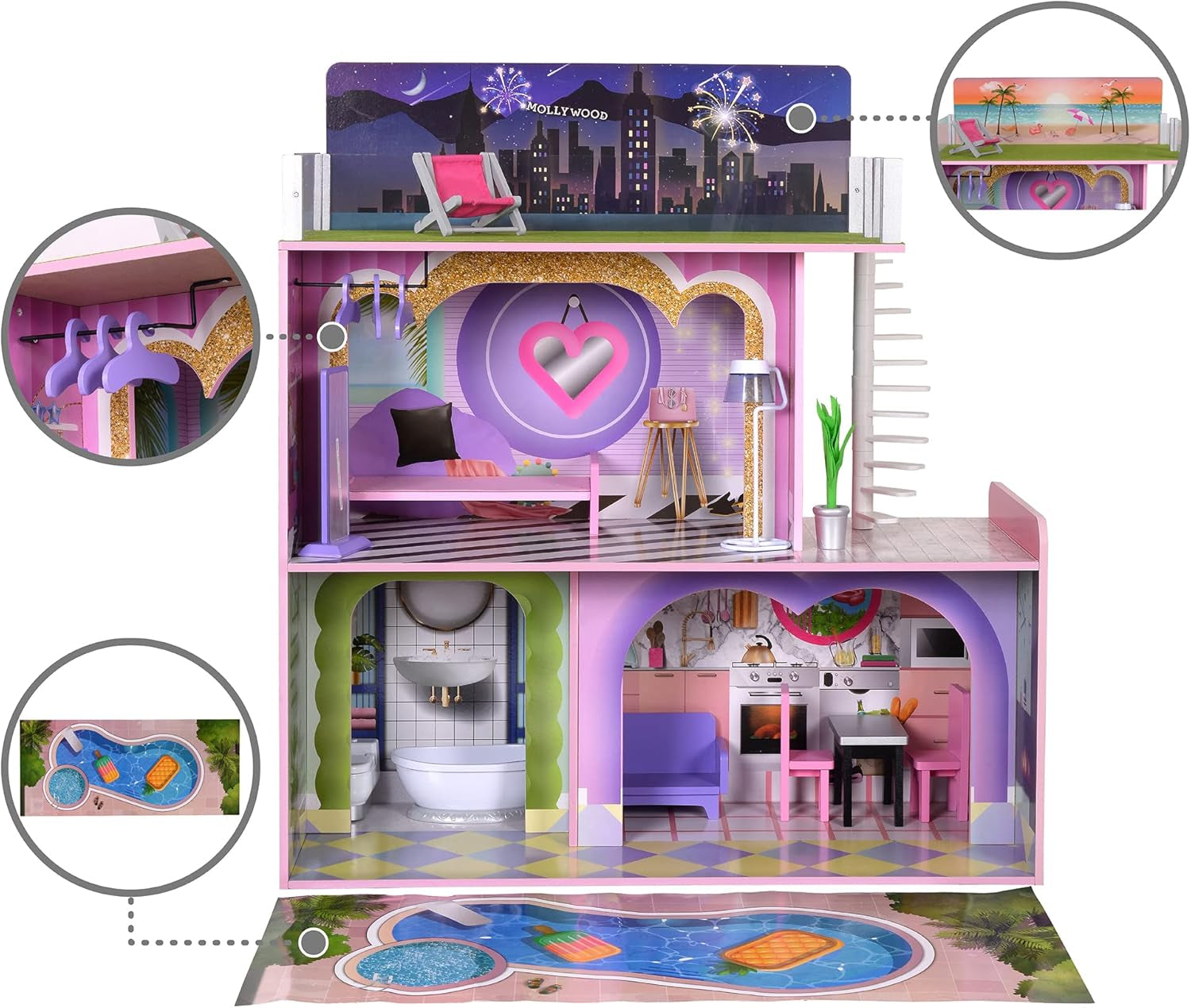 Olivia's Little World Big Dreamland Sunset Zeitgenössisches interaktives Holzpuppenhaus für Kinder, 3 Etagen mit 16 Puppenmöbelzubehör, Multi TD-13616A Puppenhäuser Naty Shop