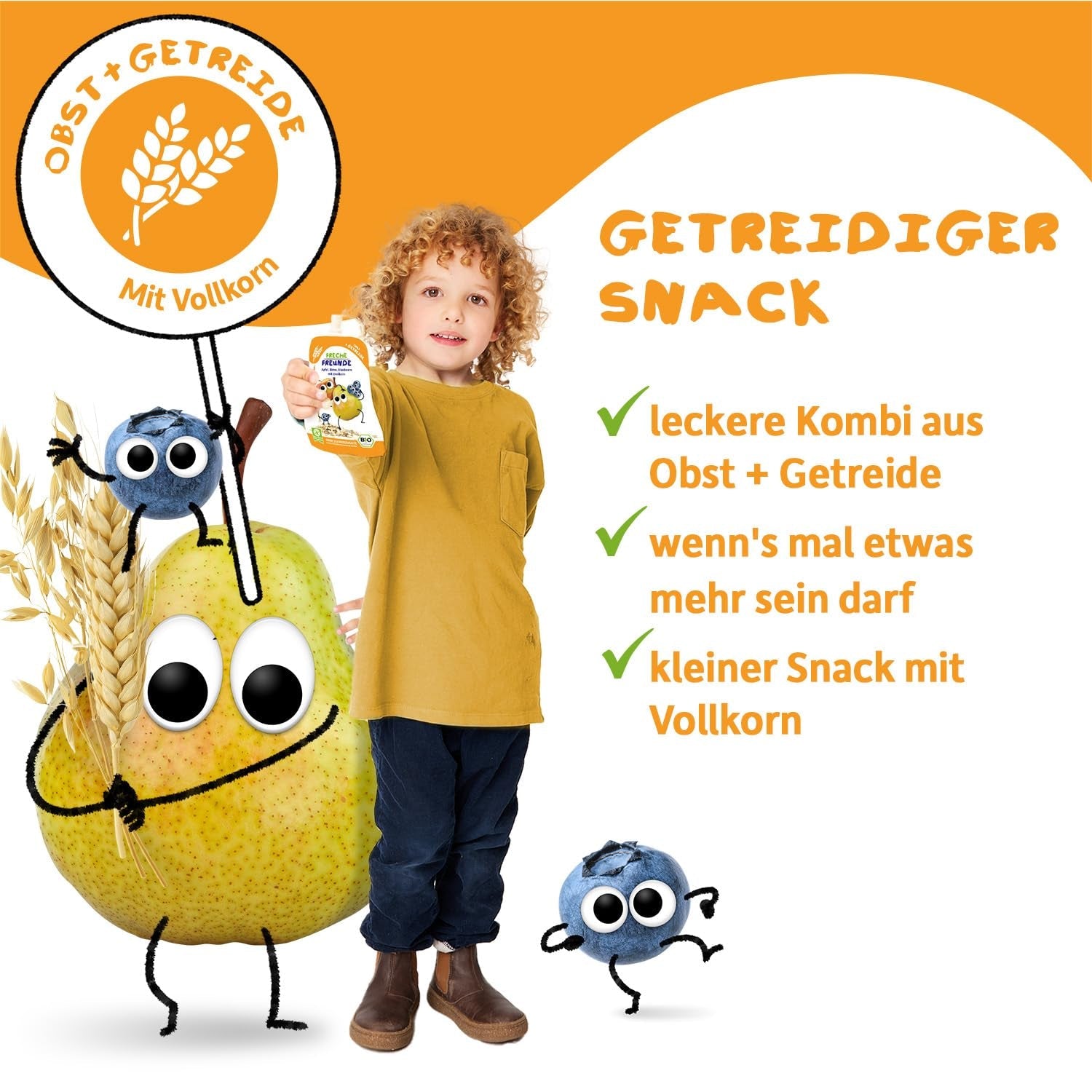 FRECHE FREUNDE Pfirsich-Apfel-Bananen-Hafer Bio-Fruchtpüree mit Müsli im Quetschbeutel für Babys ab 6 Monaten, vegan, 6er-Pack (6 x 100 g)