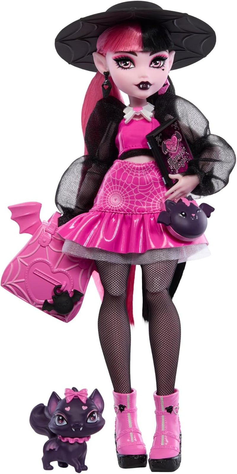 Monster High Draculaura-Puppe mit ihrem Haustier, der Fledermauskatze Count Fabulous, und Zubehör wie einem Rucksack, einem Zauberbuch, einer Bento-Box und mehr, HRP64