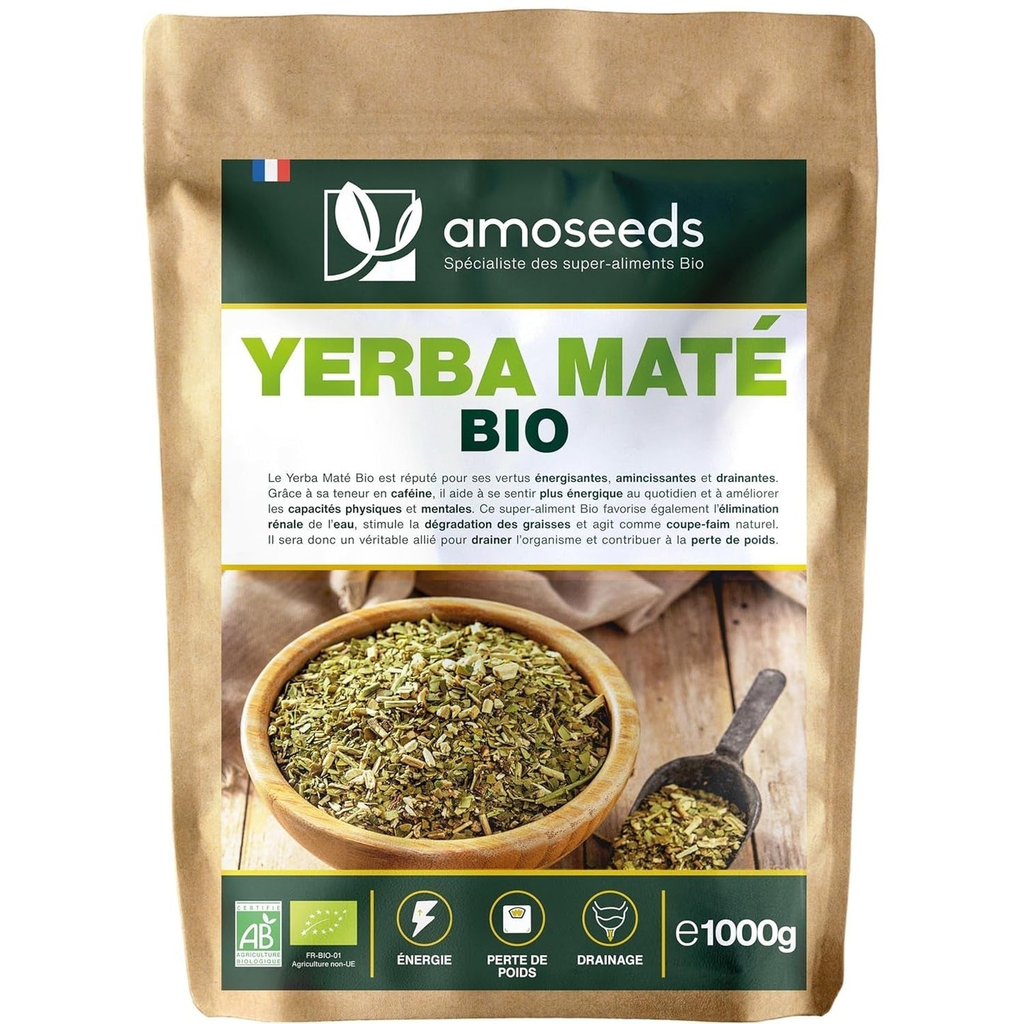 Yerba Maté BIO 1 kg | Grüner Mate, ungeräuchert | 100 % Blätter, keine Stängel | Energie, Alternative zu Kaffee | Premium-Qualität