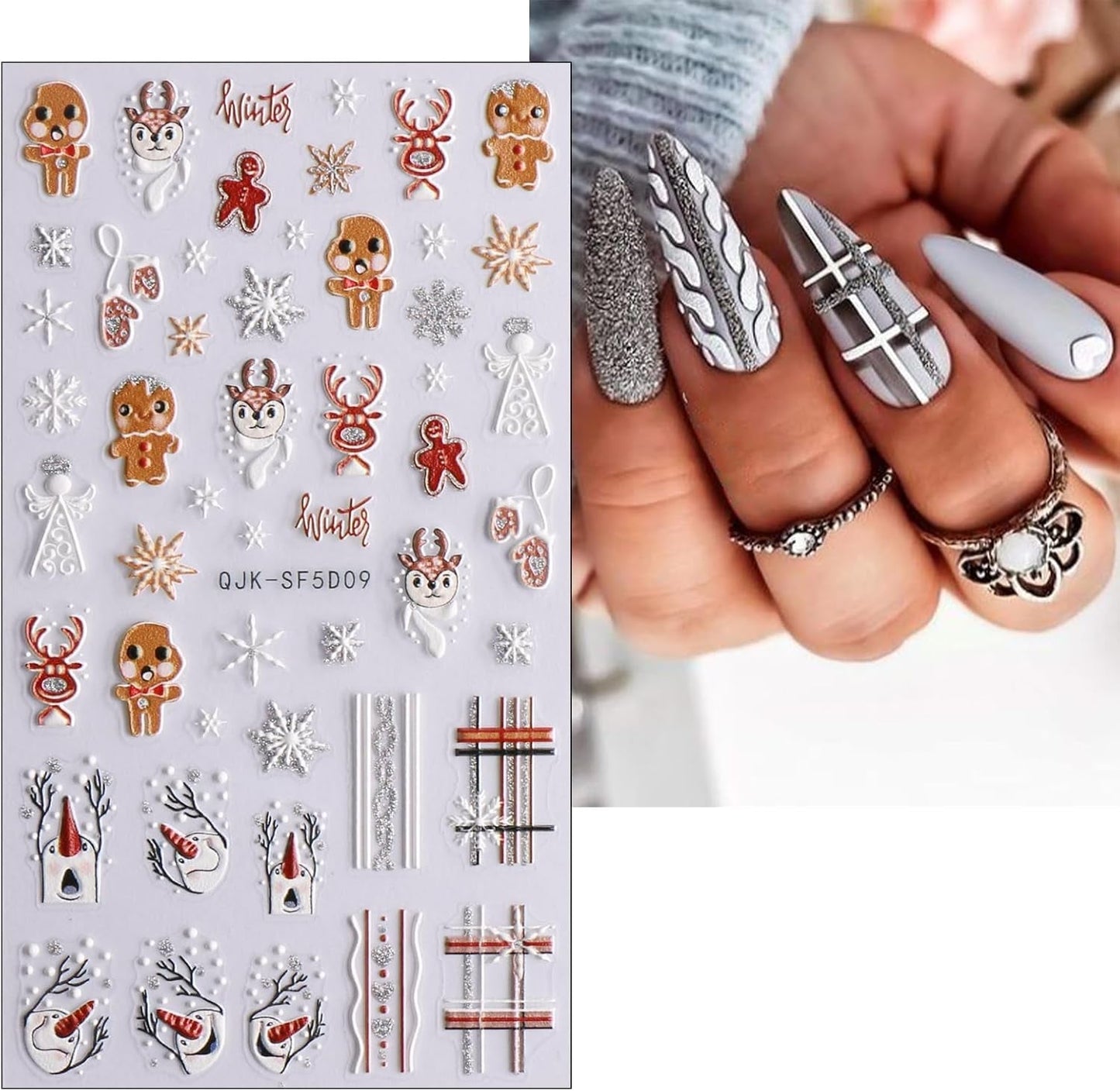 Weihnachts-3D-Nagelaufkleber, 4 Bögen, 5D-Nagelaufkleber, stereoskopische Nagelaufkleber, Dekorationen, Nageldesign-Zubehör