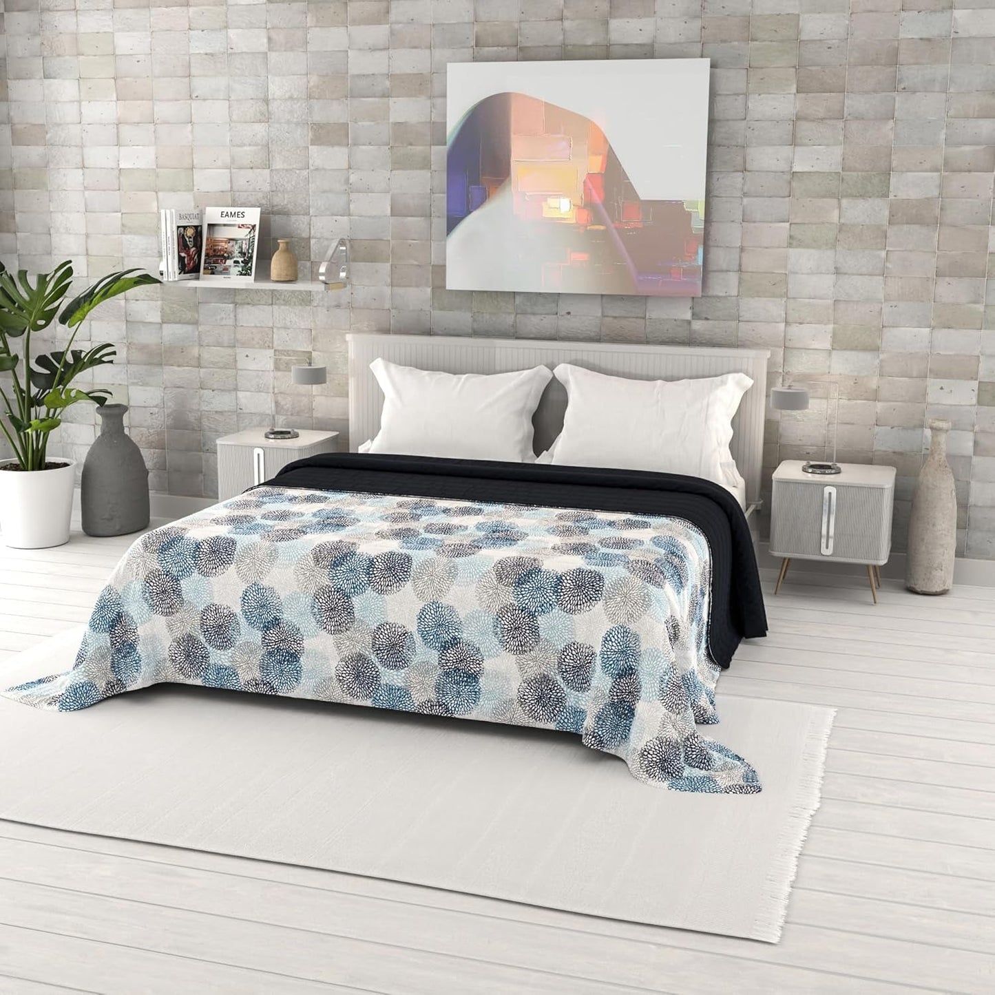 Fantasiebedruckte Sommerdecke, Polyesterfüllung, Blütenblätter, 260 x 270 cm. Steppdecken und Steppdecken Naty Shop Soffioni Blu 260 x 270 cm