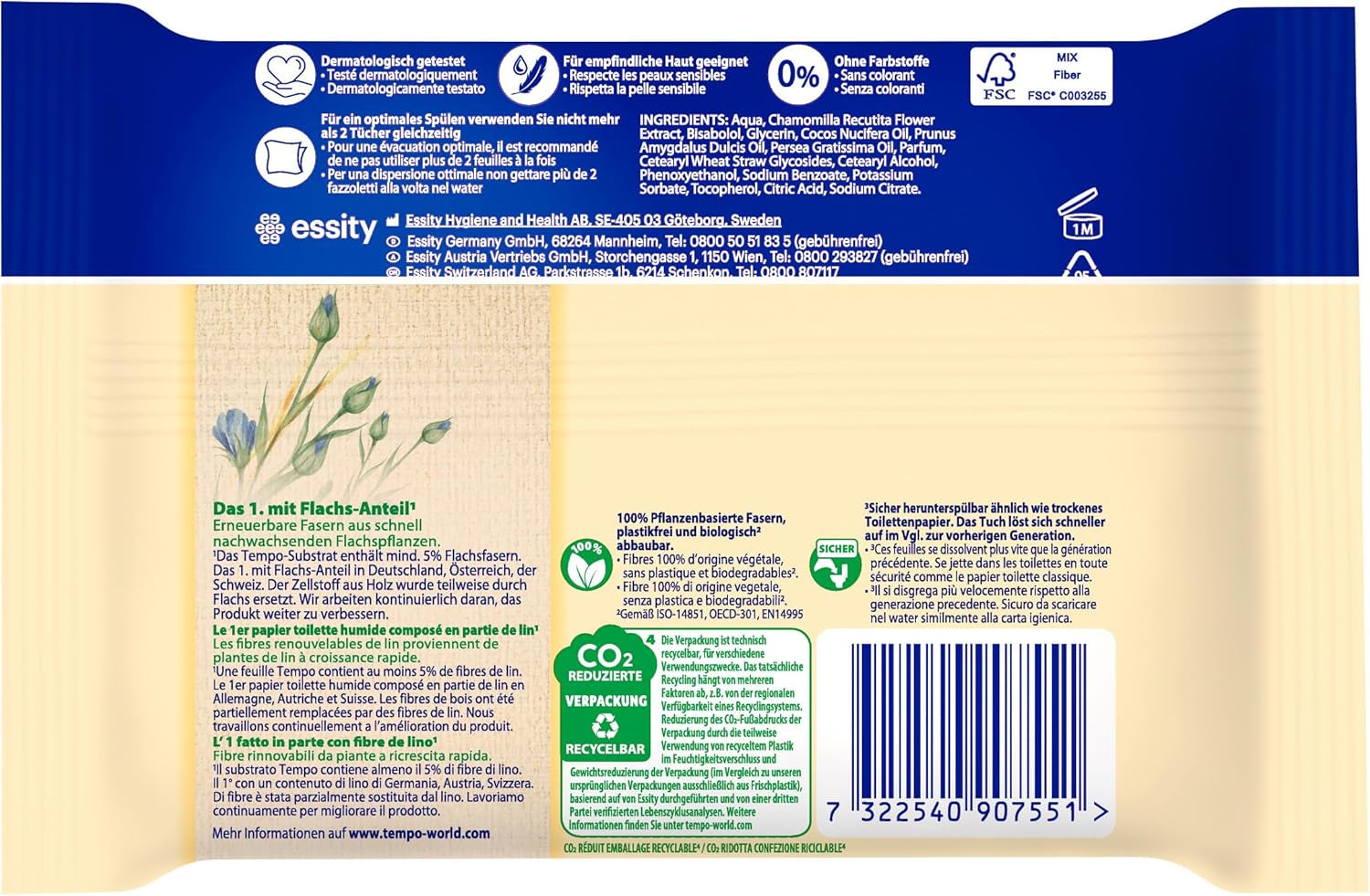 Tempo Toilettentücher „Gentle & Caring“ – Megapack – 16 Packungen à 42 Tücher – Duo Packs – mit natürlicher Kamille – Toilettenpapier, dermatologisch getestet und neutral zum pH-Wert der Haut