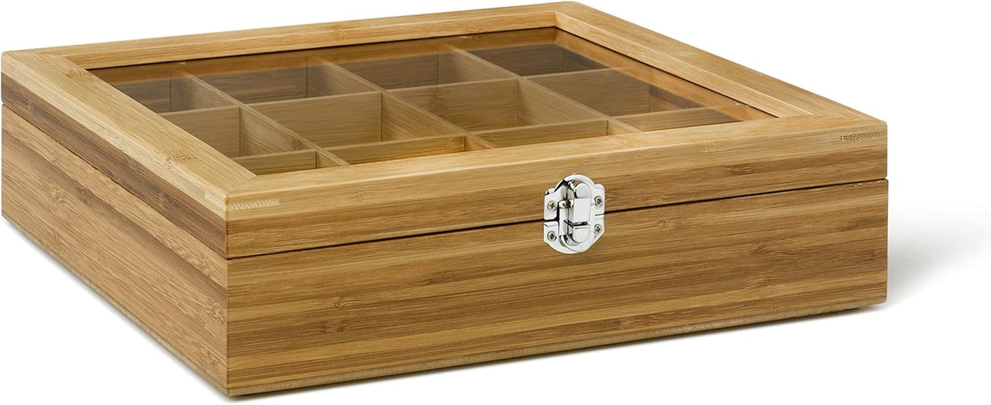 Bredemeijer Große Teebeutelbox aus hellem Holz mit 12 Fächern und Sichtfenster 28 cm Länge Lebensmittelaufbewahrungsboxen Naty Shop Teebox aus Holz mit 12 Fächern Fenster