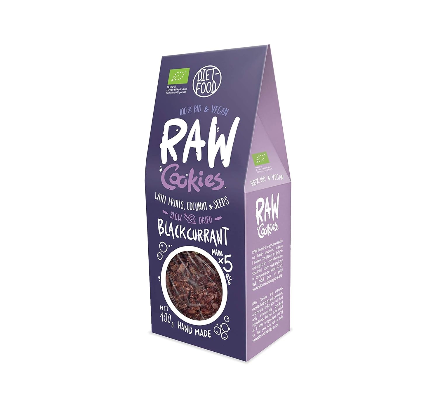 DIET-FOOD RAW Bio-Kekse mit schwarzen Johannisbeeren, gesunder Snack, köstliche Kekse für das Büro, ohne Konservierungsstoffe, 100 g (1 Packung)