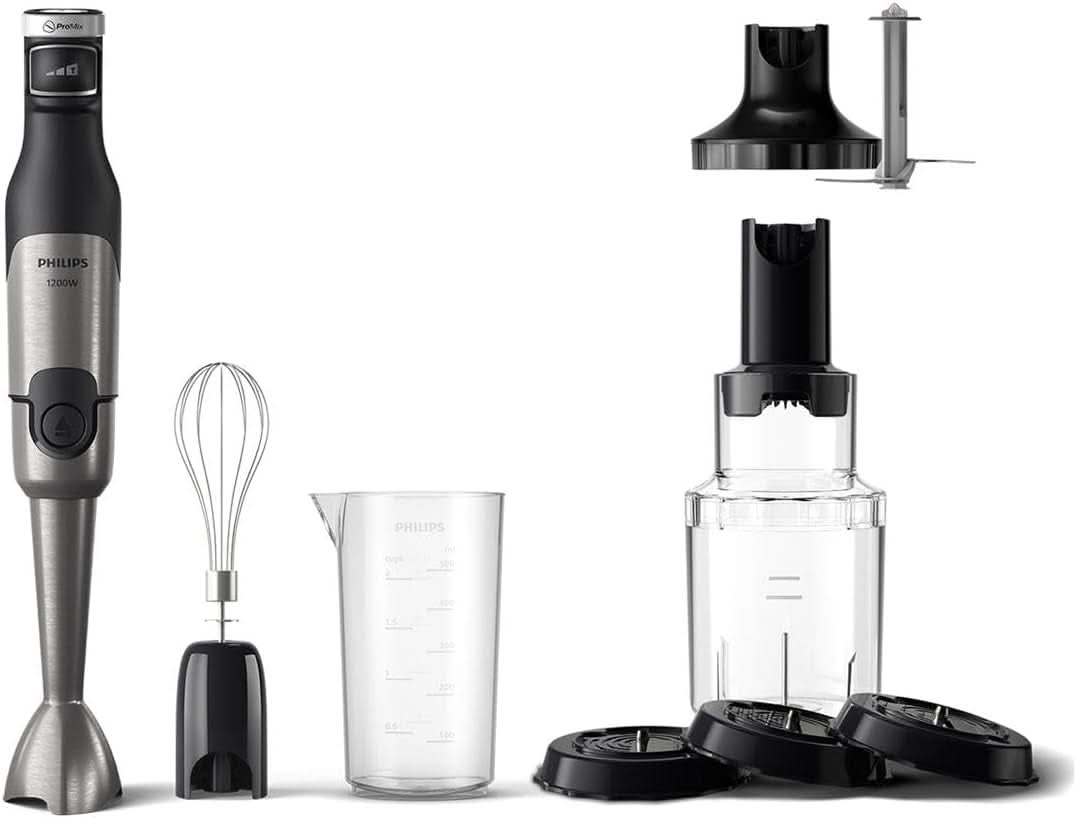 Philips 5000-Serie Stabmixer - 1200W Leistung. Promix-Technologie. LED-Geschwindigkeitsanzeiger. Stufenlose Geschwindigkeitseinstellung. Kompaktes Design. Leicht Zu Reinigen. Schwarz (HR2681/00) Kitchen Naty Shop + Schneebesen, Spiralizer, Xl-Zerkleinerer