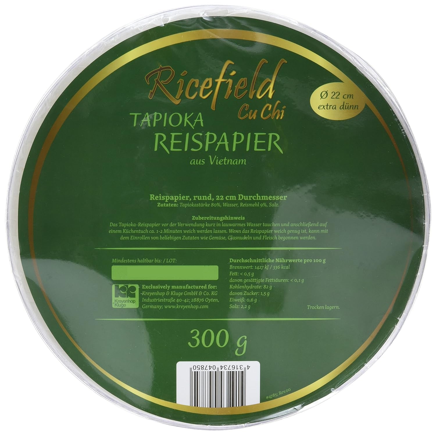 Ricefield Tapioka-Reispapier, rund, 22 cm, Premium-Qualität, 300 g
