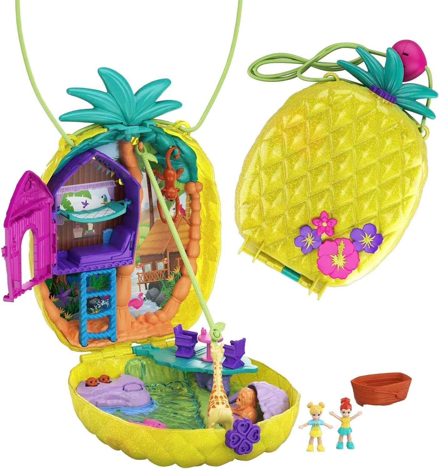 Polly Pocket GKJ64 – Tragbare Ananas-Taschenbox mit 8 lustigen Funktionen, Polly- und Purple-Puppen, 2 Zubehörteilen und Aufkleberbogen; Spielzeug für Kinder ab 4 Jahren. Naty Shop Dolls Ananas-Tasche