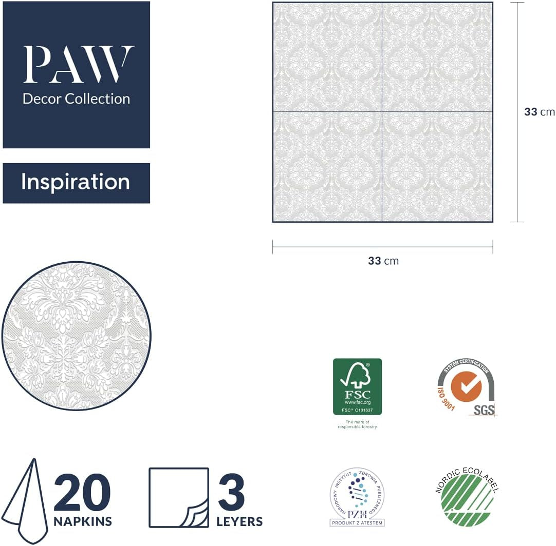 PAW – 3-lagige Servietten (33 x 33 cm) I 20 Stück I Perfekt für Geburtstage, Partys, Hochzeiten, Kommunionen und Feiertage I Farbige Papierservietten – besondere Anlässe, Ornamente I Inspiration Classic (Gold)