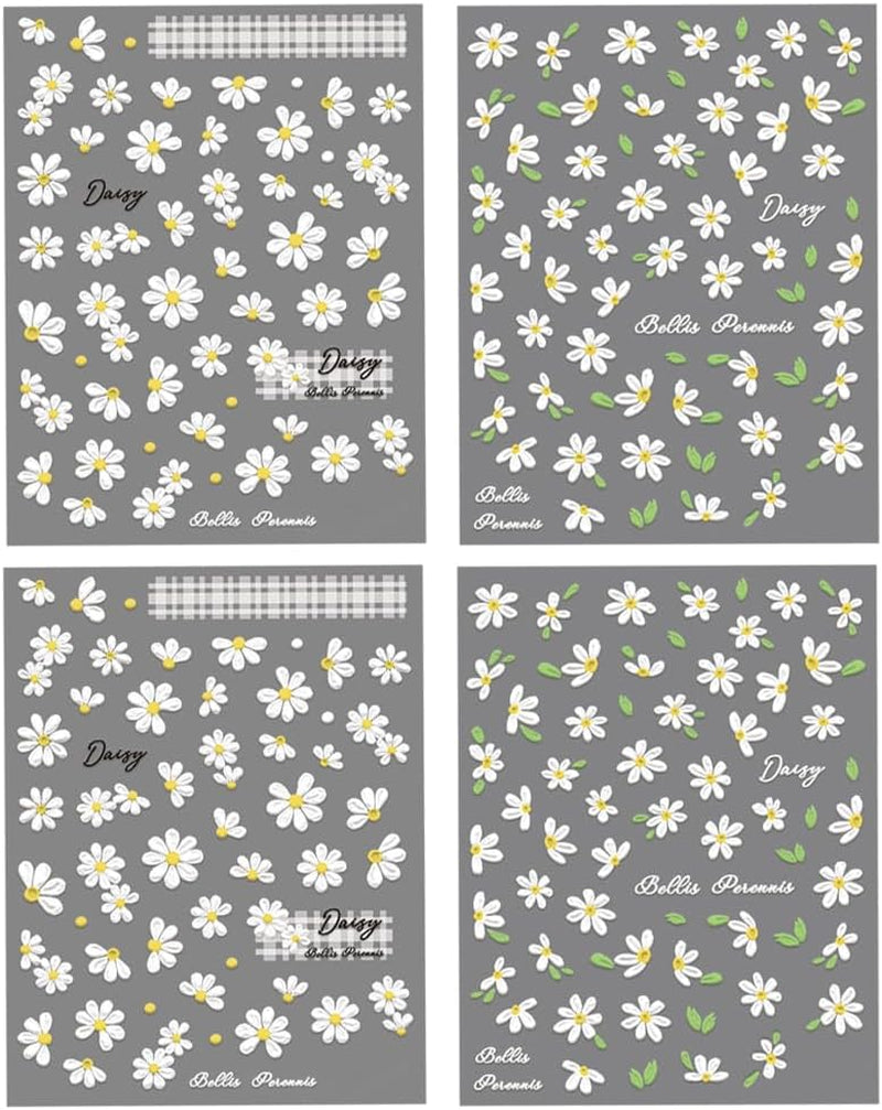 5D geprägte weiße Gänseblümchen-Nagelaufkleber, Blumen, Nagelaufkleber, Blumen, Folie, selbstklebende Aufkleber, Nagelkunstaufkleber, Gänseblümchen, Nageldekorationszubehör, Blumendesign-Aufkleber, Nagelkunst