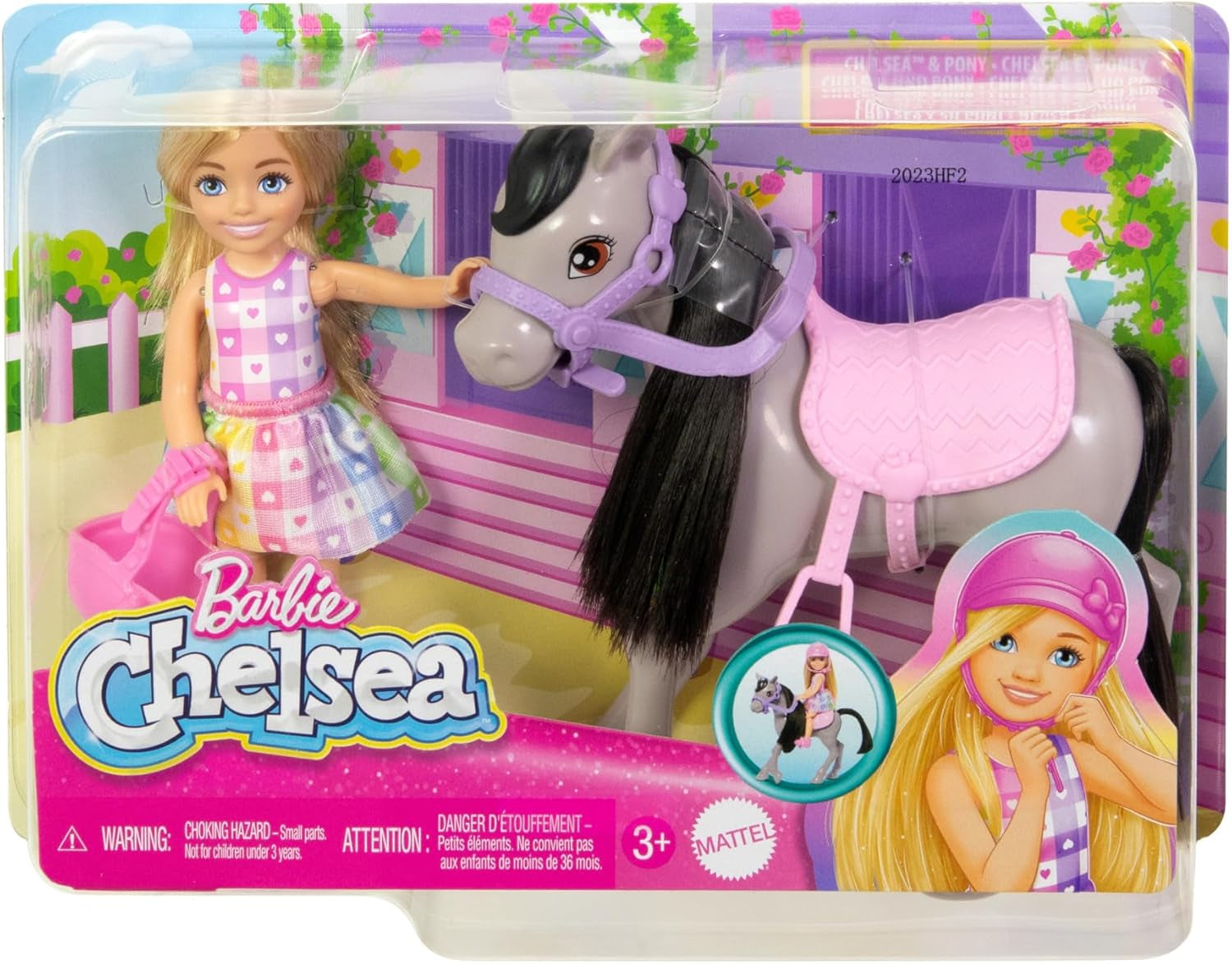 Chelsea und Ponys Barbie-Puppe – Anschnallen zum sicheren Spielen und Fahren, rosafarbener Sattel und Stufen, inklusive Helm und niedlichem kariertem Kleid, ab 3 Jahren, HTK29