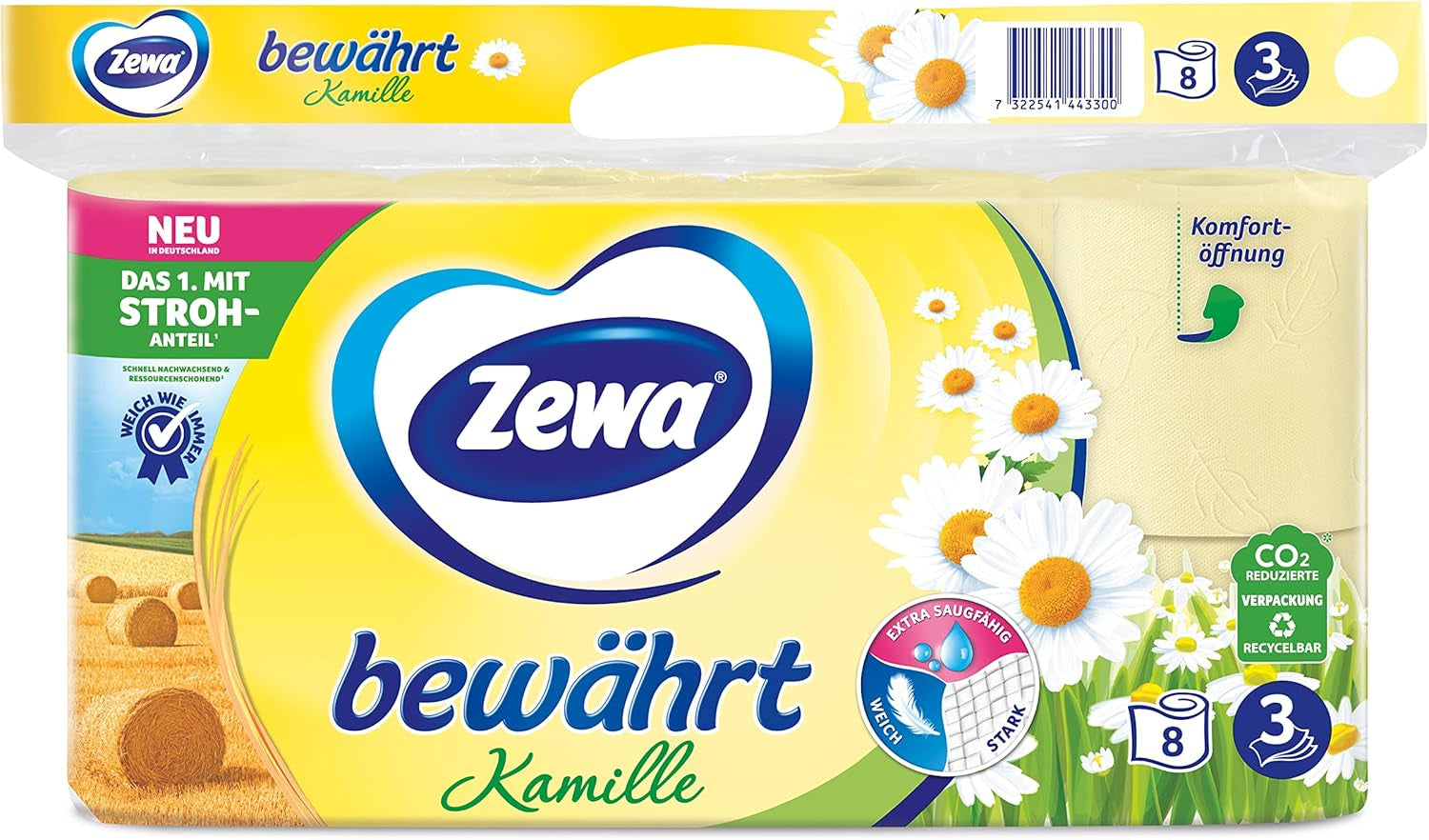 Zewa bewährtes Kamille-Toilettenpapier mit Strohhalm, 7 x 8 Rollen