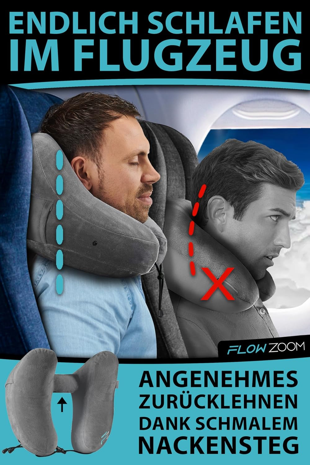 FLOWZOOM AIR Aufblasbares Nackenkissen mit Kapuze – Flugzeug-Nackenkissen – Reisekissen – schnell aufblasbares Reise-Nackenkissen – Flugzeugkissen – Reisekissen – Nackenkissen für Erwachsene (grau). Zervikale orthopädische Kissen von Naty Shop