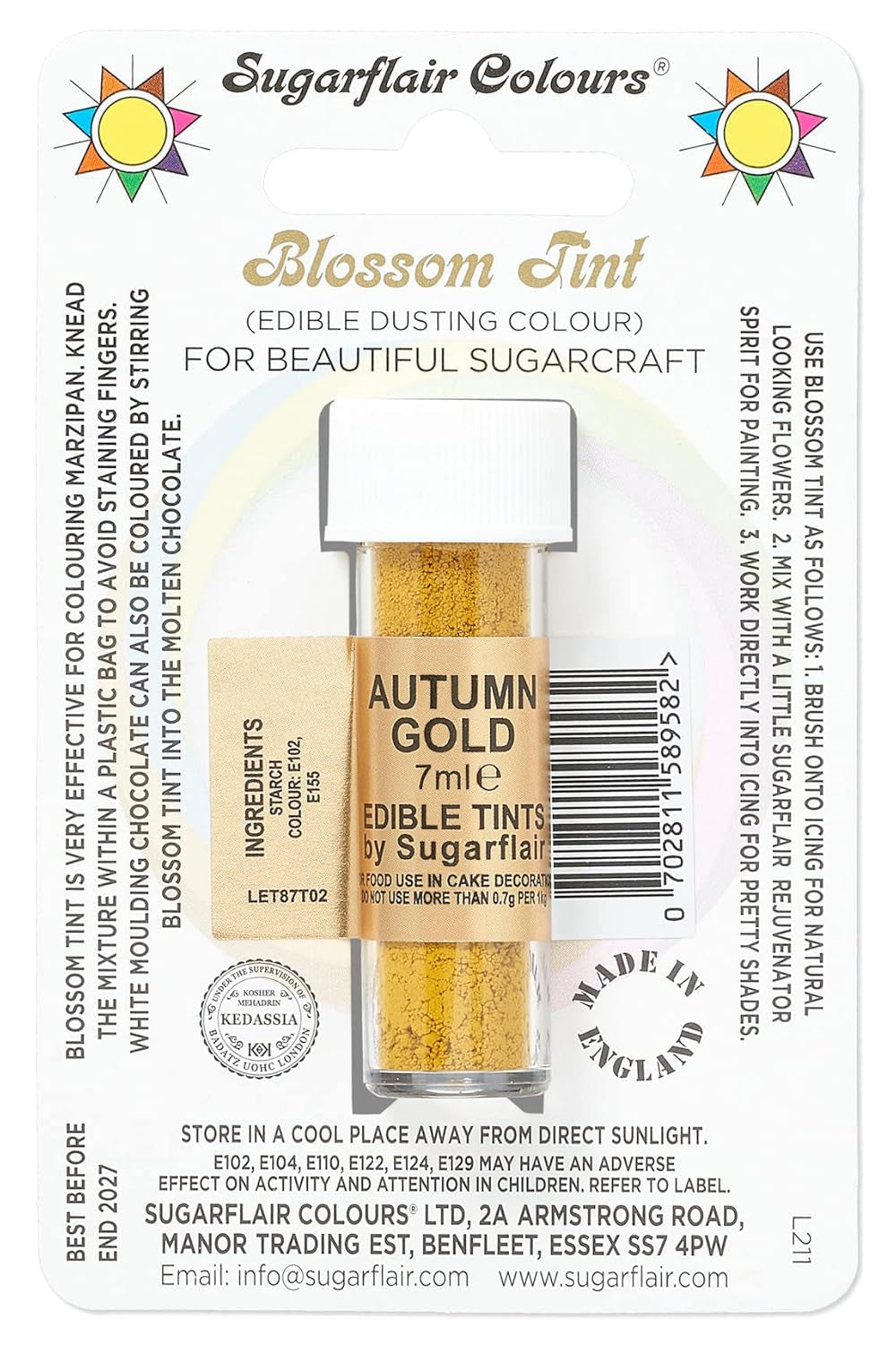 Sugarflair Blossom Tint Dust Lebensmittelfarbpulver Autumn Gold – Lebensmittelfarbpulver für Dekorationen, farbige Zuckerpaste, Fondant, Zuckerguss, Schokolade, Buttercreme, Macarons – 7 ml