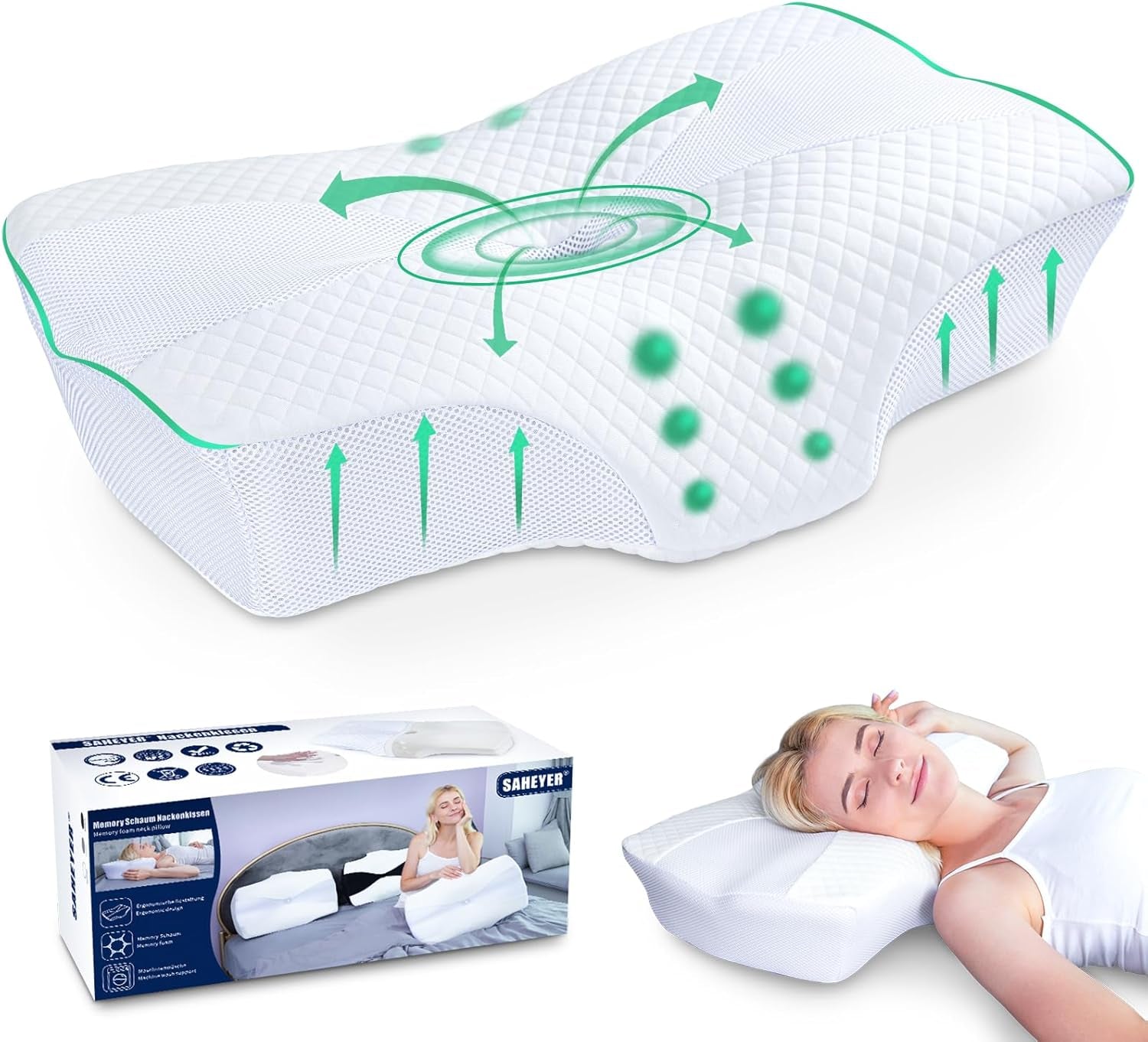 SAHEYER Orthopädisches Kissen Nackenstützkissen Kopfkissen Ergonomisches Nackenkissen Seitenschläferkissen 60 x 40 x 13/11 cm Memory-Schaum-Kissen für Seitenschläfer Rücken Bauch Orthopädische Nackenkissen Naty Shop Perlweiß
