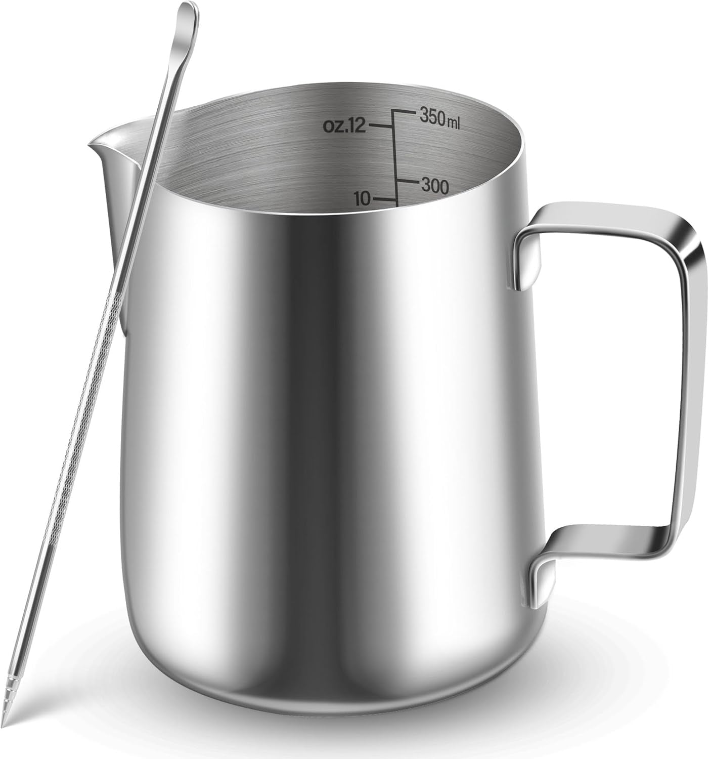 Milchbecher, 350 ml, Milchbecher aus Edelstahl mit Messmarkierung, Barista-Zubehör, Milchbecher für Cappuccino, Espresso, Latte Art, Kaffeeliebhaber, Silber, 355 ml