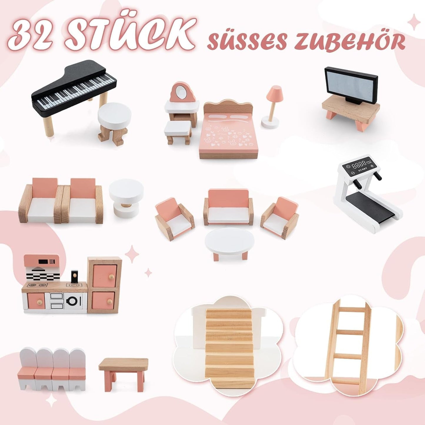 FANTASK Puppenhaus aus Holz, 85 cm hoch, 7-Zimmer-Puppenhaus mit 32 Möbeln und Zubehör, Puppenhaus mit Strickleiter, Puppenhaus-Geschenk für 3-jährige Mädchen (Modell 3) Naty Shop Puppenhäuser