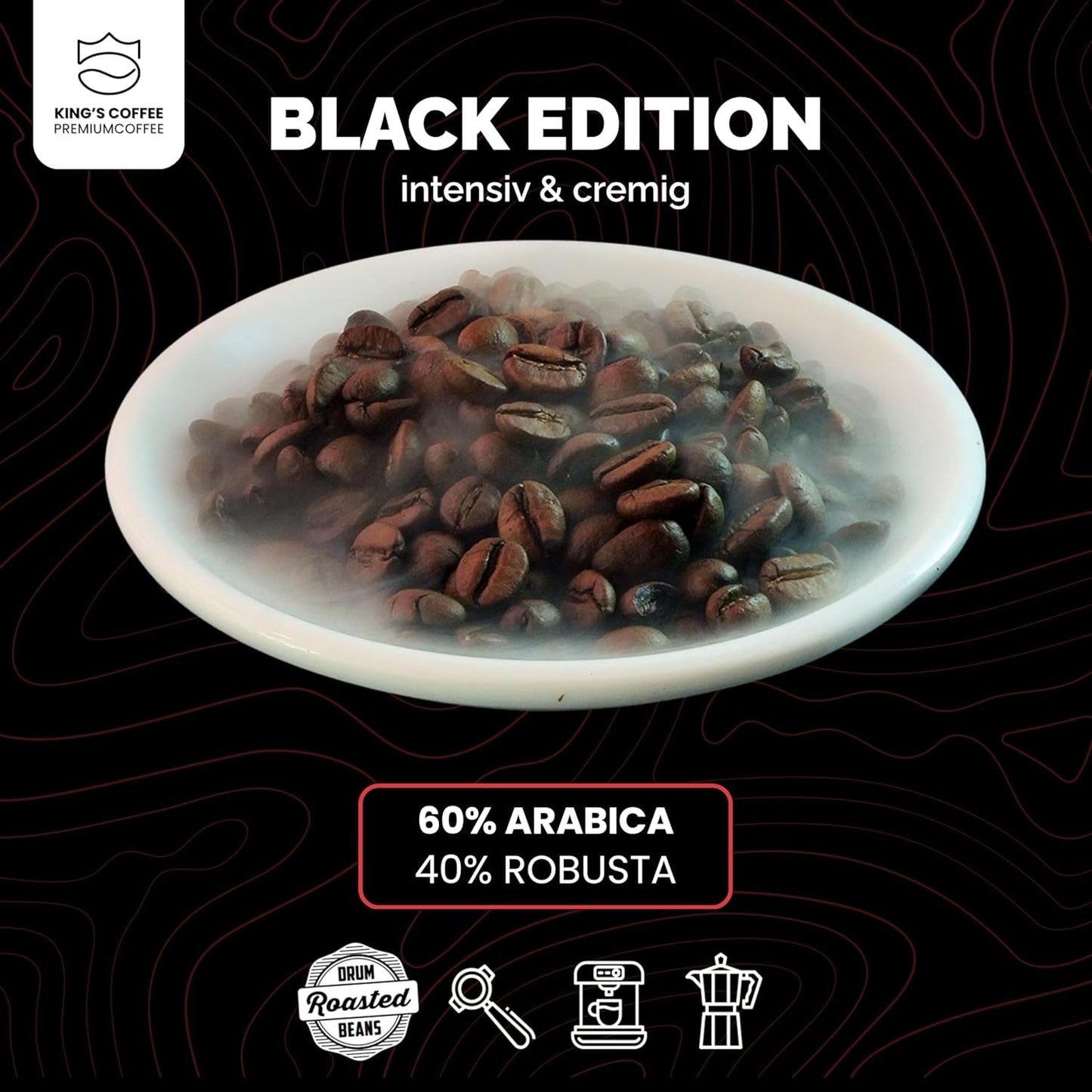 KING'S COFFEE – BLACK EDITION – 1 kg intensive, cremige Kaffeebohnen – Kaffee mit geringem Säuregehalt – Kleinserienröstung aus Italien – Starke Arabica-Espressobohnen (Mischung) für Vollautomaten und Siebträgermaschinen
