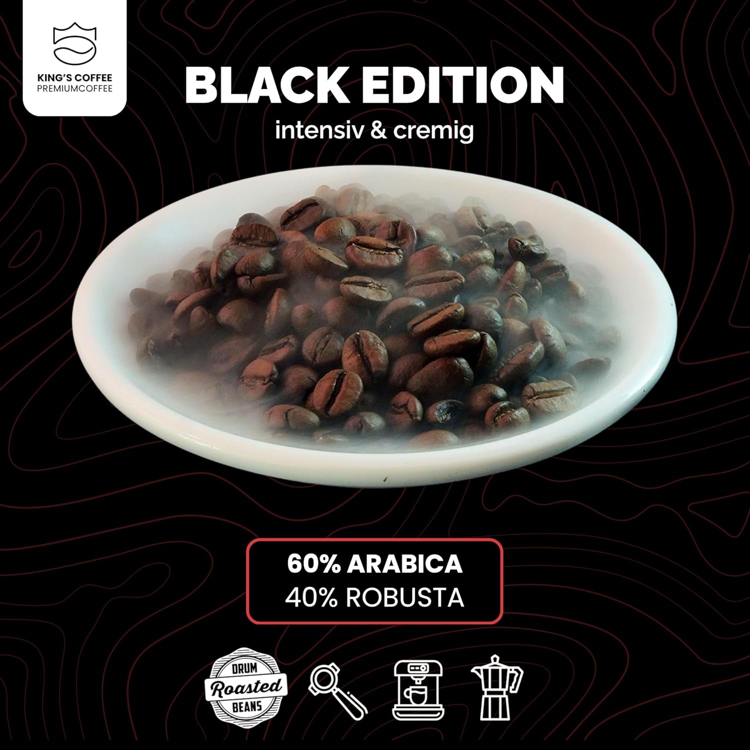 KING'S COFFEE – BLACK EDITION – 1 kg intensive, cremige Kaffeebohnen – Kaffee mit geringem Säuregehalt – Kleinserienröstung aus Italien – Starke Arabica-Espressobohnen (Mischung) für Vollautomaten und Siebträgermaschinen