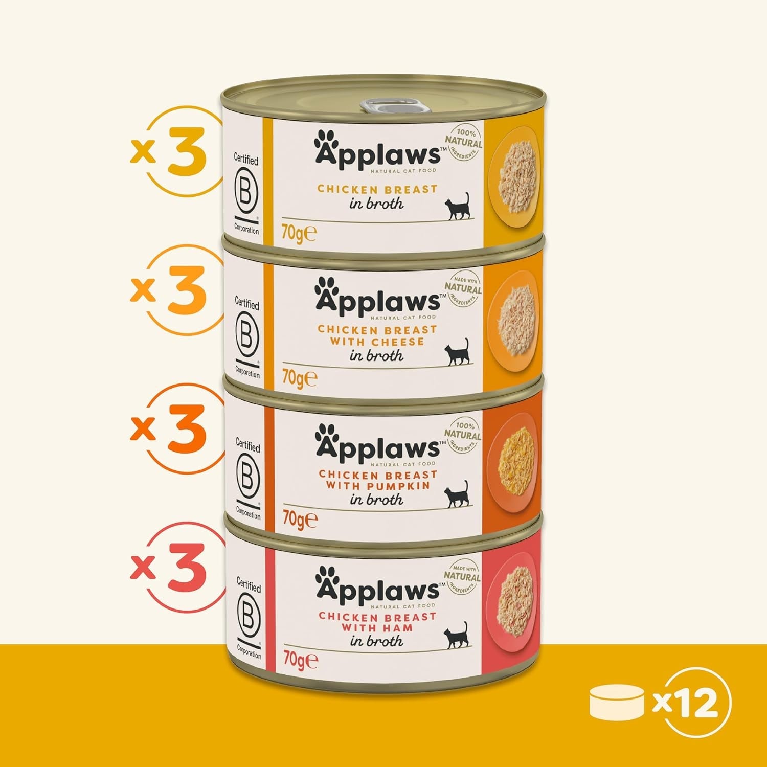 Applaws 100 % natürliches Premium-Nassfutter für Katzen, Hühnerbrühe-Auswahl für ausgewachsene Katzen – 4er-Packung (12 x 70 g)