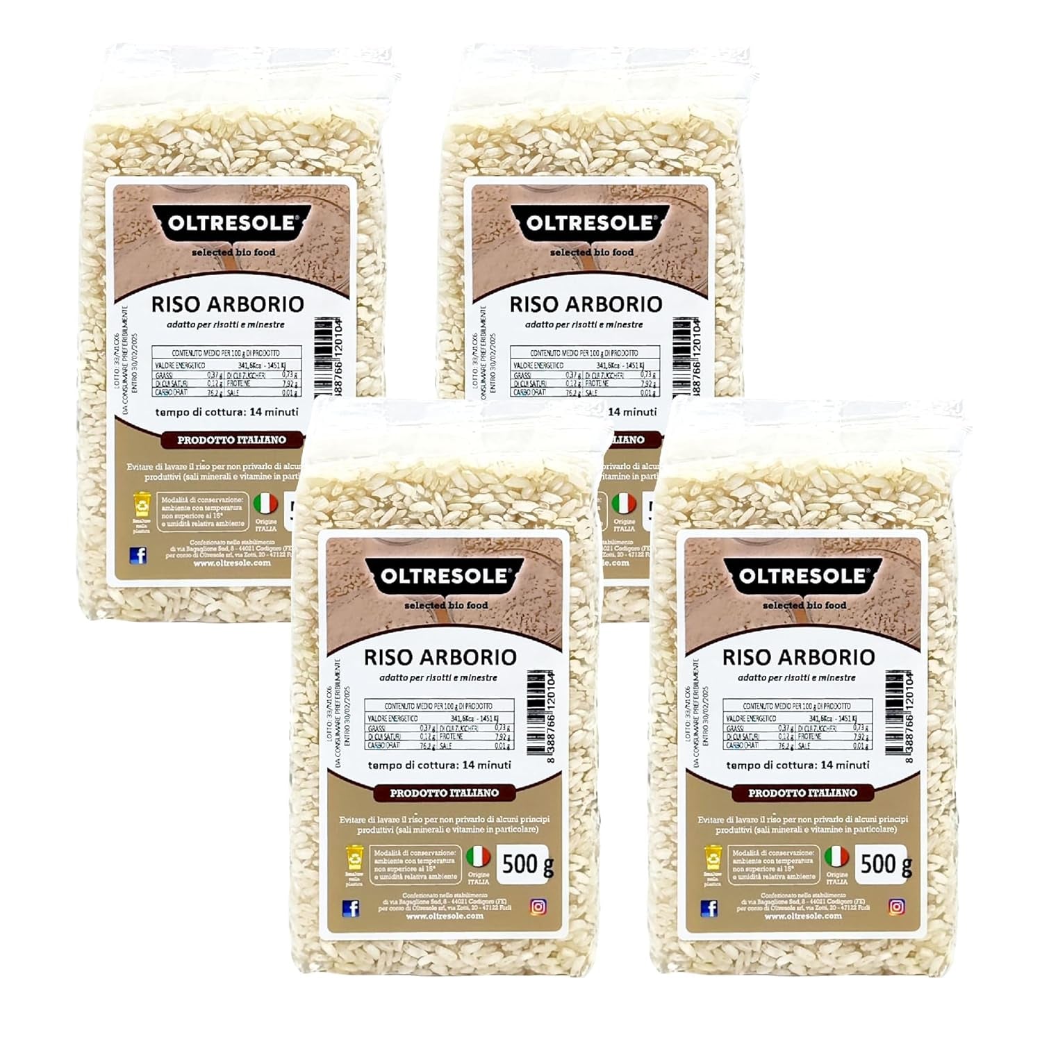 Handwerklich hergestellter italienischer Arborio-Reis, großkörniger und stärkehaltiger Reis, ideal für Suppen, Risottos und Reissalate, vakuumverpackt in 2 1-kg-Beuteln