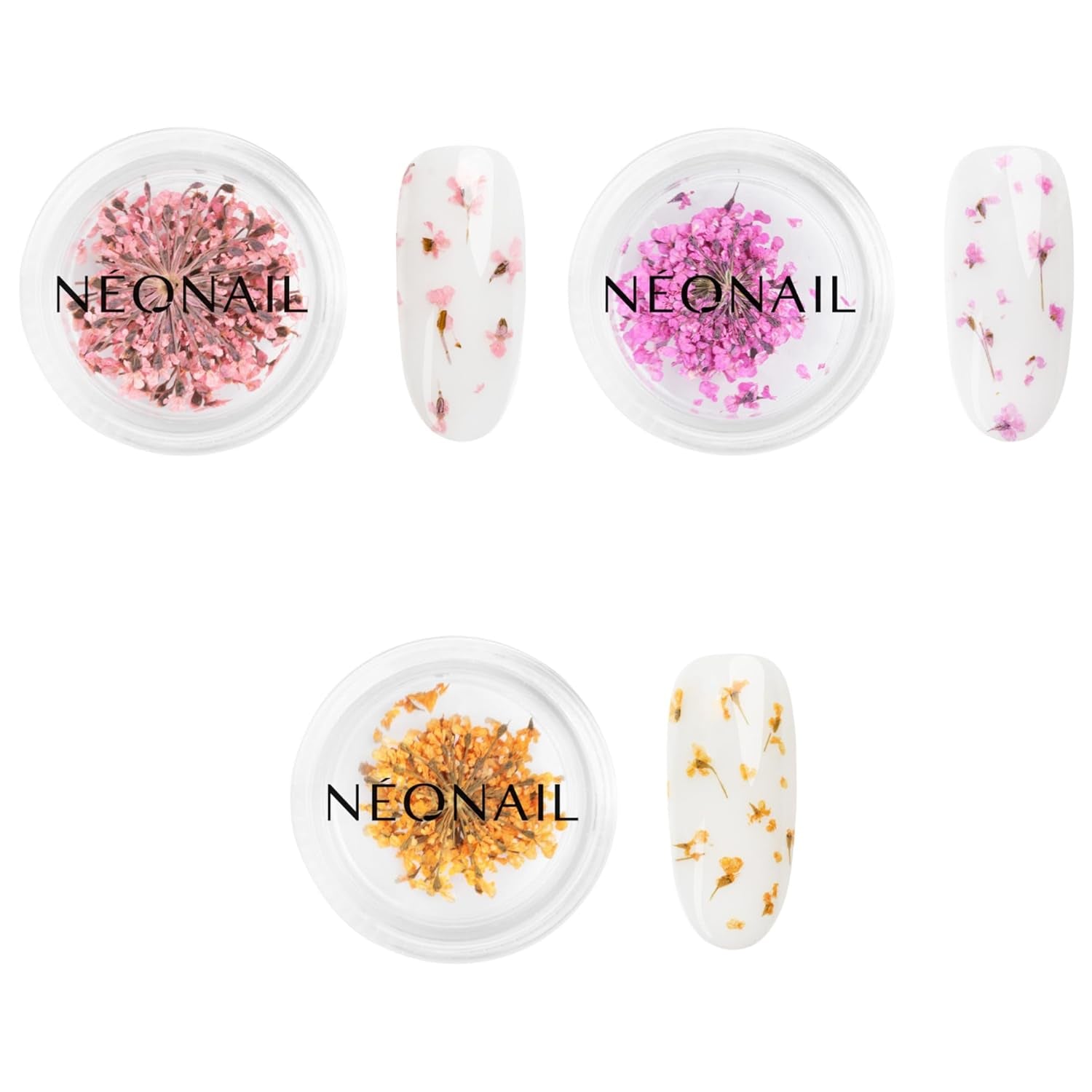 NÉONAIL Nail Art Flowers Set – Trockenblumen – Getrocknete Blumen – Nageldesign Zubehör – Nageldekorationen – Getrocknete Blüten – Nageldekoration – Gelnägel Zubehör – 3 Farben – Rosa, Lila, Orange