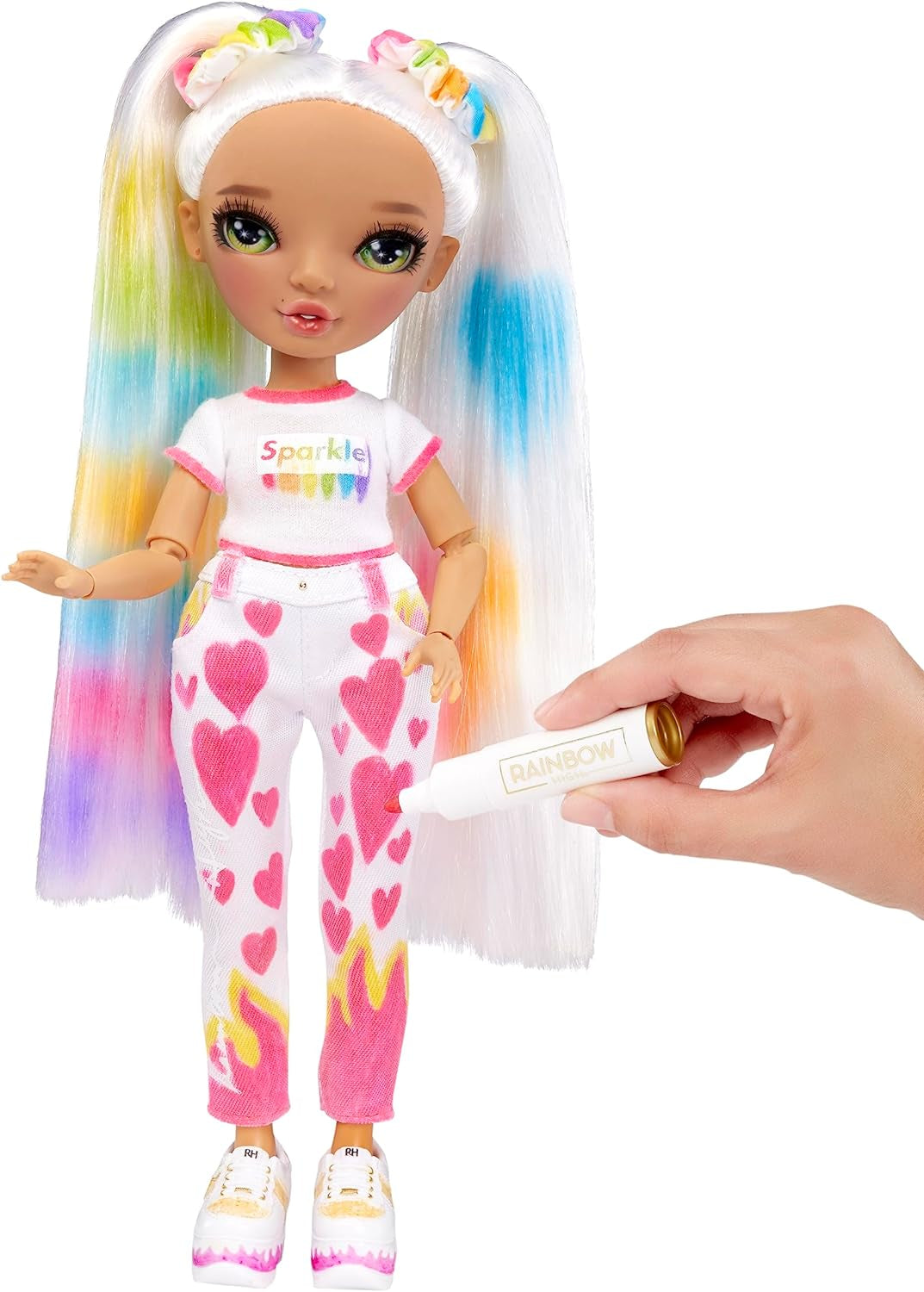 Rainbow High Color & Create DIY Modepuppe – Grüne Augen, Zopfe, extra Top & Schuhe, abwaschbare Regenbogenstifte – Ausmalen, Gestalten, Spielen, Auswaschen – für Kinder von 4-12 Jahren und Sammler