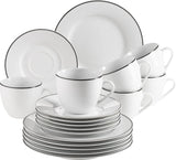 Mäser Nola-Serie, modernes Kaffeeservice für 6 Personen, weiß mit schwarzem Rand, 18-teiliges Tafelservice, Kaffeetassen, Untertassen und Dessertteller – rundes Kaffeeservice, Kaffeeset weiß