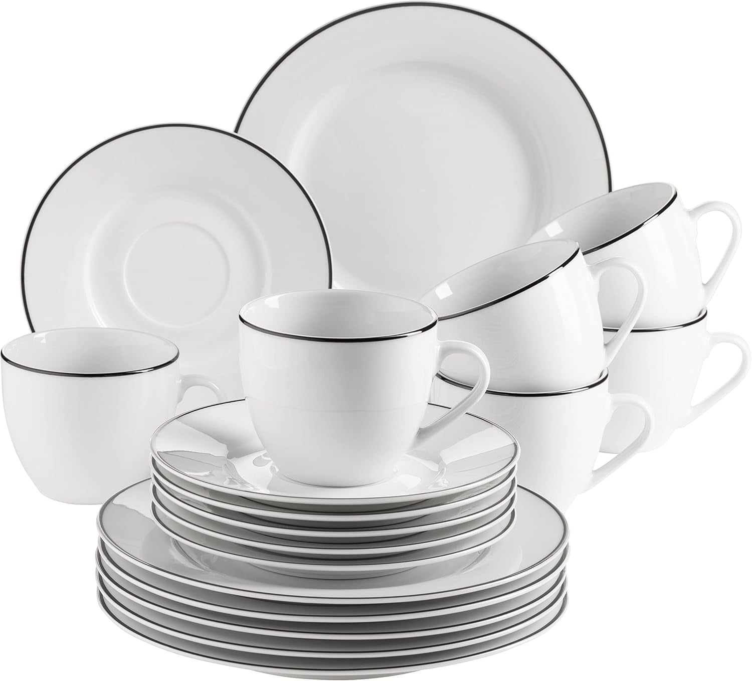 Mäser Nola-Serie, modernes Kaffeeservice für 6 Personen, weiß mit schwarzem Rand, 18-teiliges Tafelservice, Kaffeetassen, Untertassen und Dessertteller – rundes Kaffeeservice, Kaffeeset weiß
