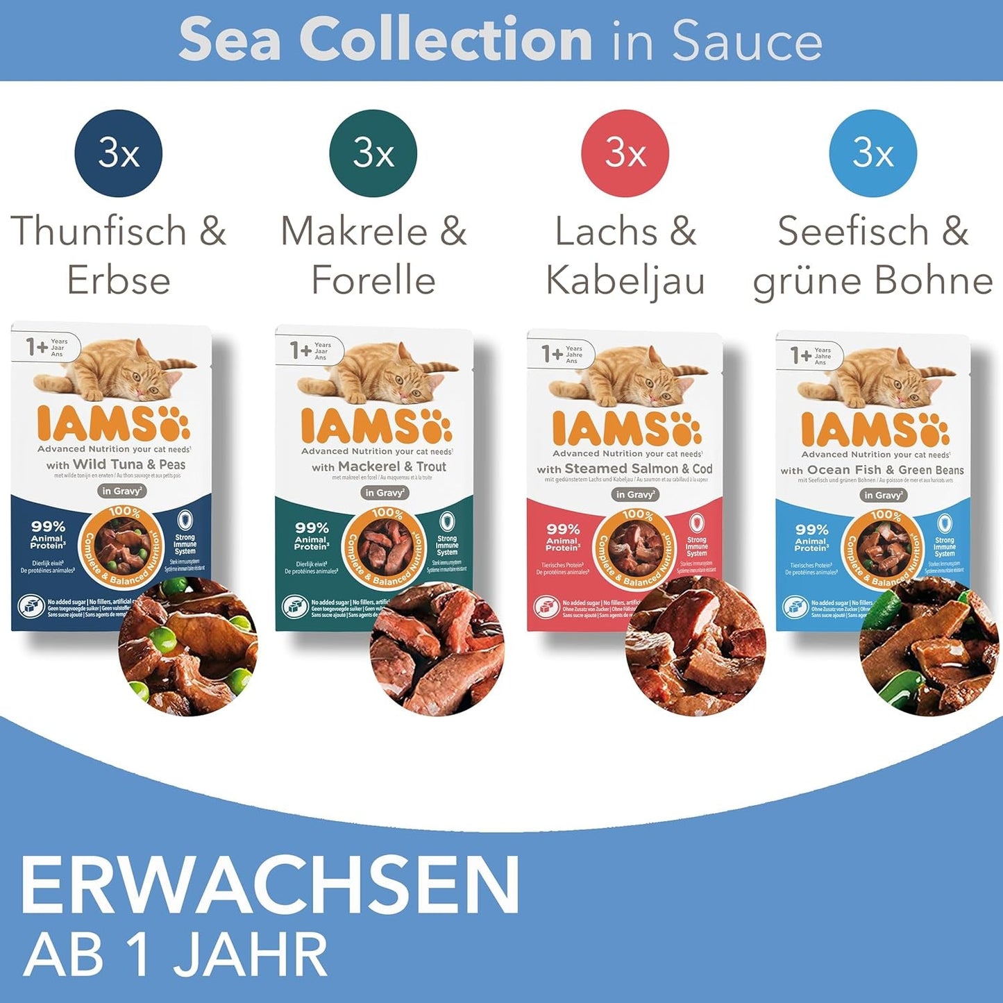 IAMS Delights Sea Collection Katzenfutter Nass - Multipack mit Fischsorten (Lachs, Thunfisch, Makrele, Seefisch) in Sauce, Nassfutter für Katzen ab 1 Jahr, 12 x 85g