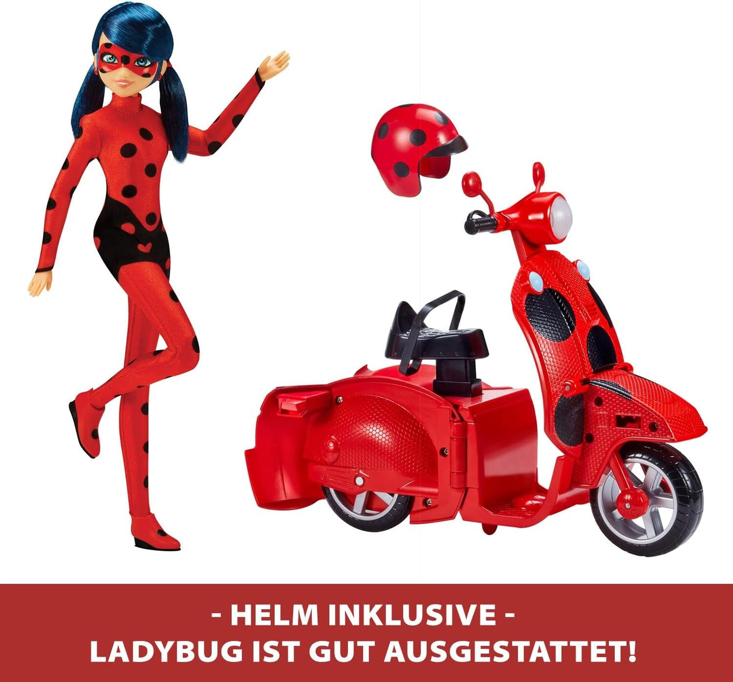 Bandai – Miraculous Ladybug – Miraculous Switch’n Go Scooter + 26 cm große Gelenkpuppe Ladybug Lucky Charm – P50668