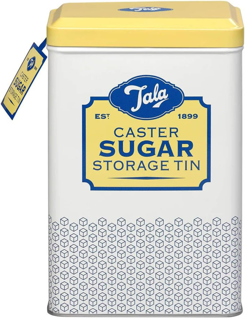 Die Metall-Aufbewahrungsbox im Retro-Design von Tala Originals in Gelb und Creme bietet Platz für eine ganze Tüte Puderzucker