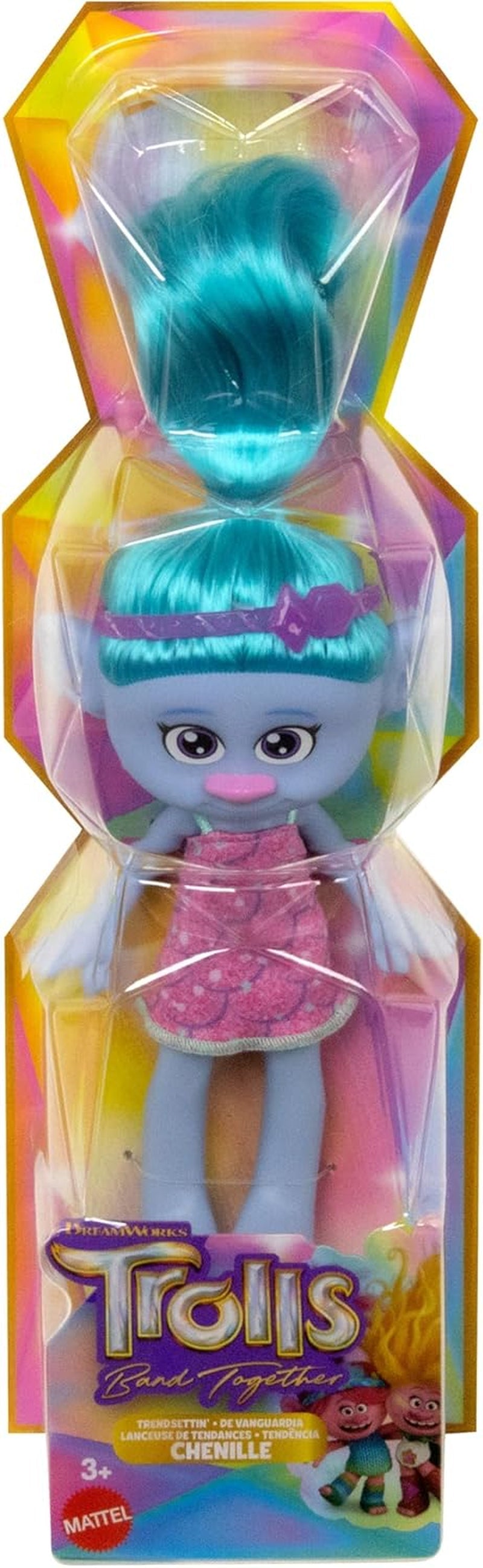 Mattel DREAMWORKS TROLLS United We Stand – Chenille Hairy Surprises Puppe mit glitzerndem blauem Haar, lila Stirnband, ab 3 Jahren, HNF15