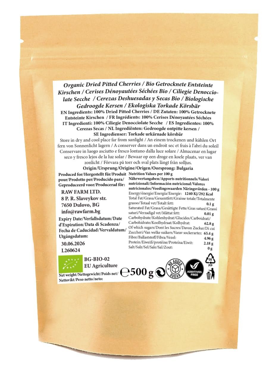 500 g getrocknete Bio-Kirschen, ohne Kerne, ohne Zusatzstoffe, Süßungsmittel und Konservierungsstoffe. Dehydrierte Produkte Naty Shop