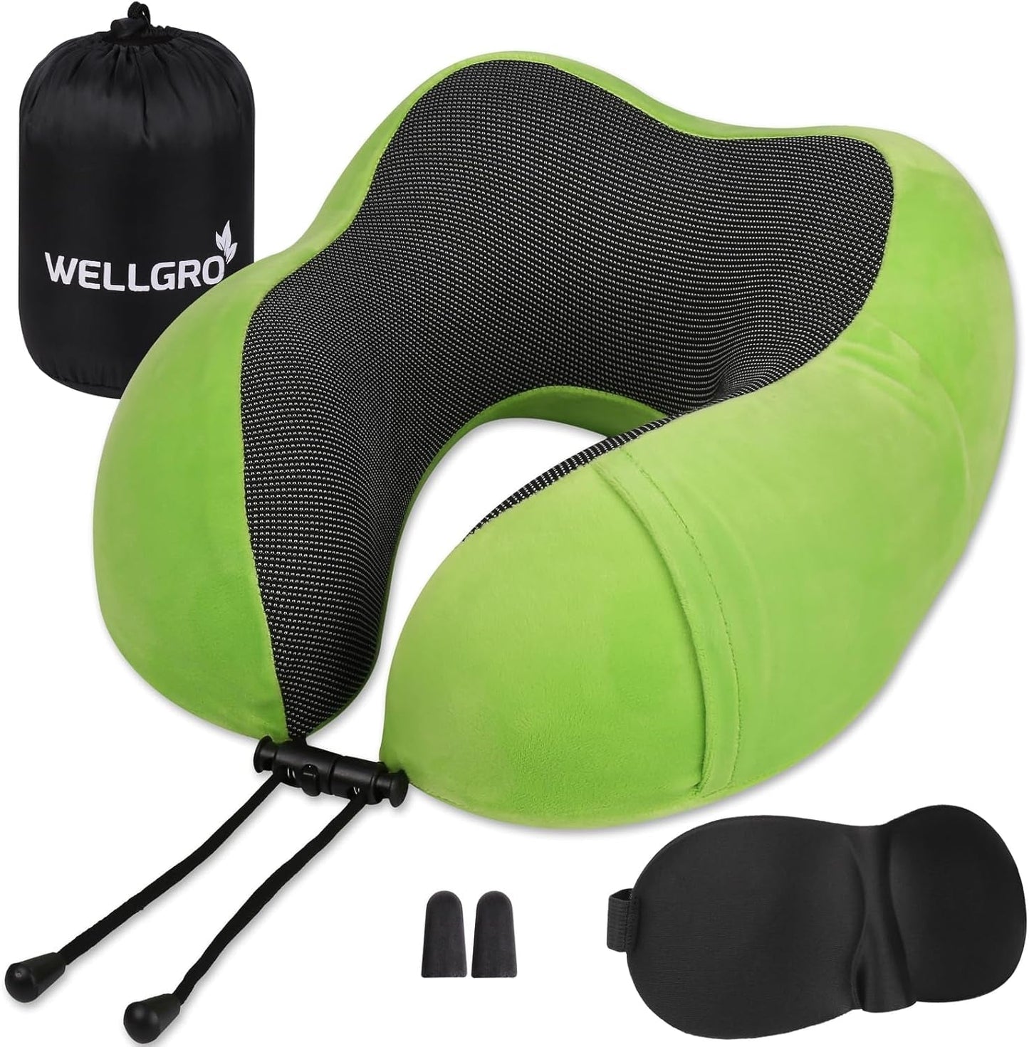 WELLGRO Nackenkissen-Set mit 3D-Schlafmaske und Ohrstöpseln – abnehmbarer Bezug – Memory-Schaum – Reißverschluss – inklusive Aufbewahrungstasche – Reisekissen – Farbe wählbar, Farbe: Grau. Zervikale orthopädische Kissen Naty Shop Grüße