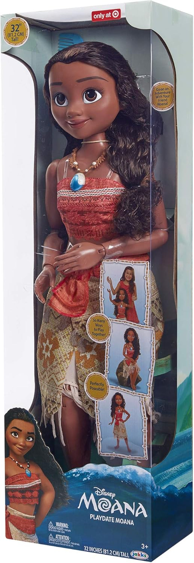Disney Princess Vaiana, 80 cm große Spielpuppe von Jakks Pacific, bewegliche Puppe, mit Bürste zum Kämmen ihrer welligen Locken, vom Film inspiriertes Kleid, abnehmbare Halskette mit Anhängern