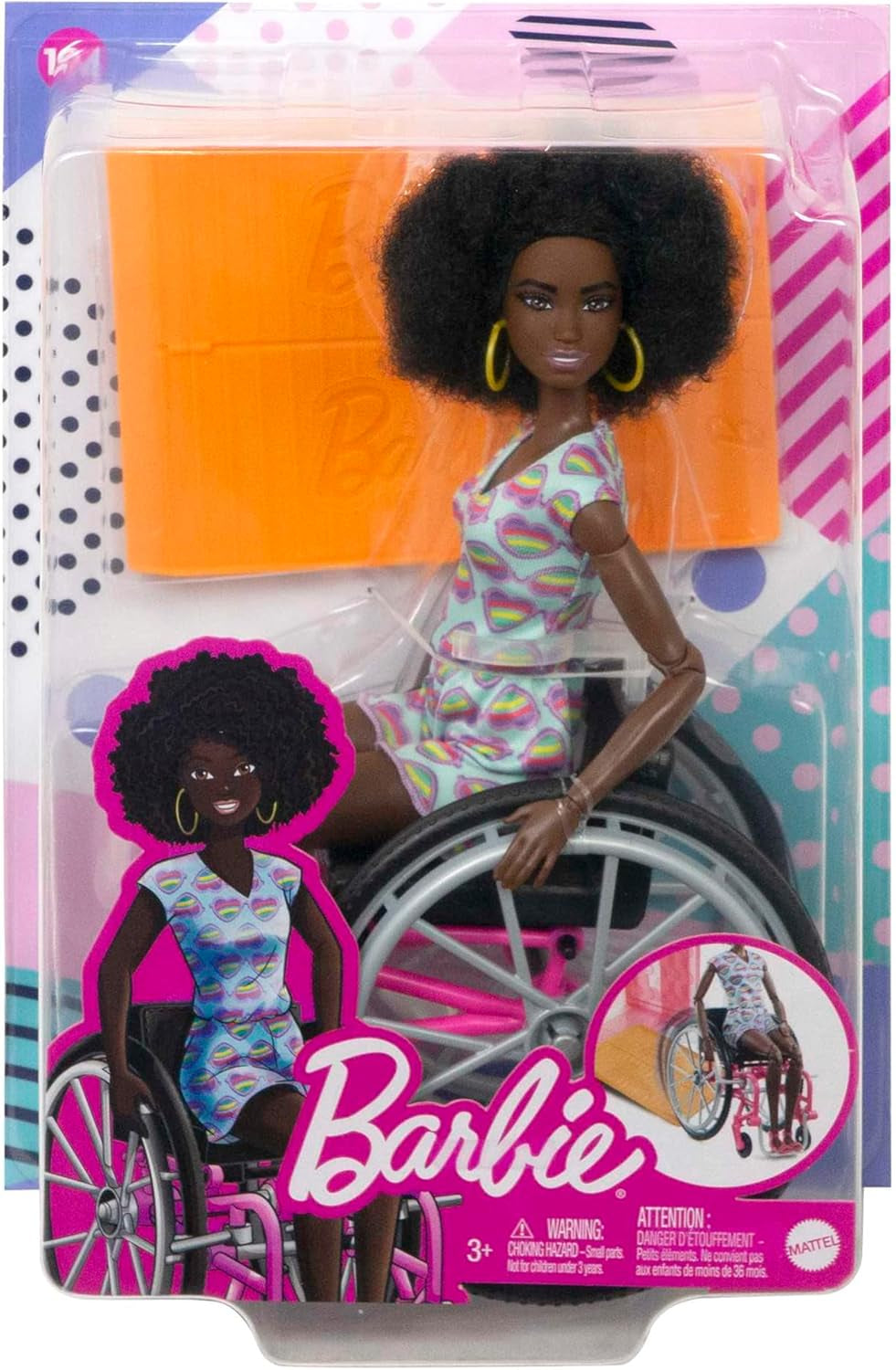 Barbie Fashionistas, schwarzes Haar, bunter Overall, Rollstuhlrampe, Rollstuhlpuppe im Lieferumfang enthalten, Geschenk für Kinder, Spielzeug, ab 3 Jahren, HJT14