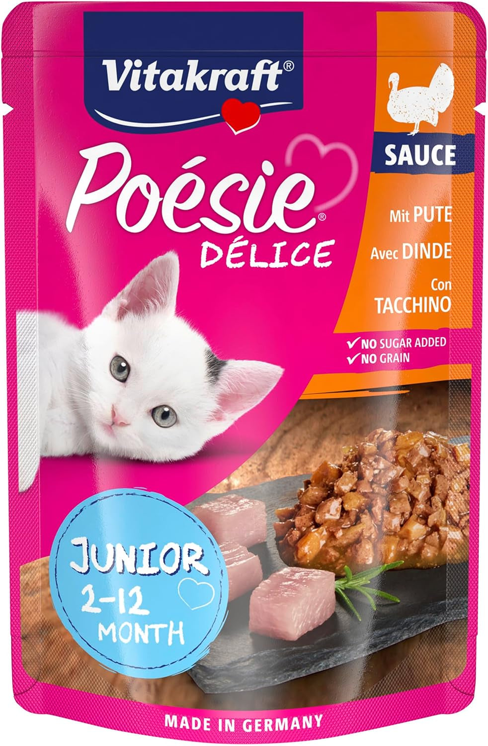 Vitakraft Poésie Délice, Junior, Nassfutter für Katzen, Nassfutter in Soße, mit Truthahn, Multipack, für junge Katzen, Ohne Zucker- oder Getreidezusatz (23 x 85g)
